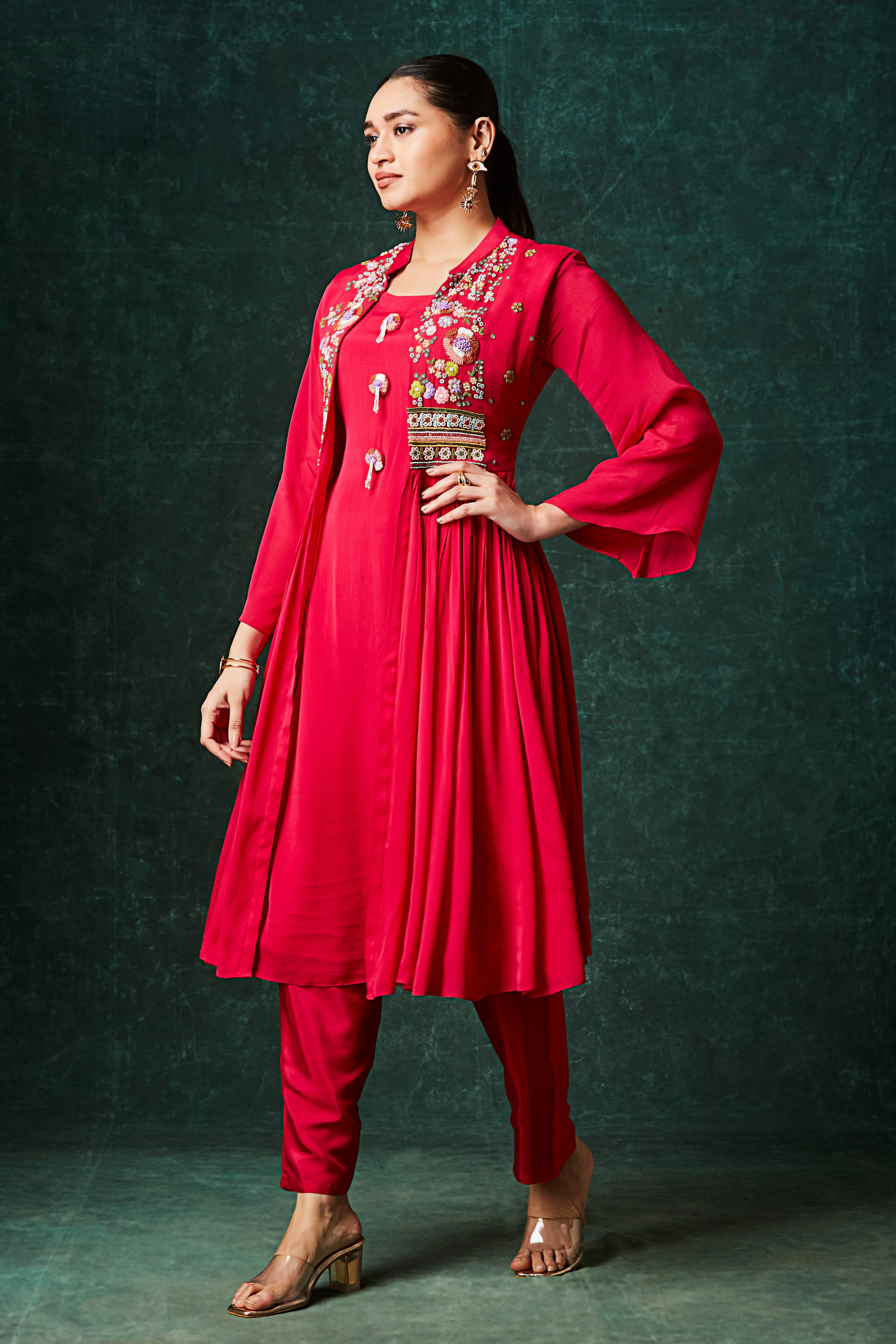 Crimson Red Embellished Chinon Silk Anarkali Set - Image 3