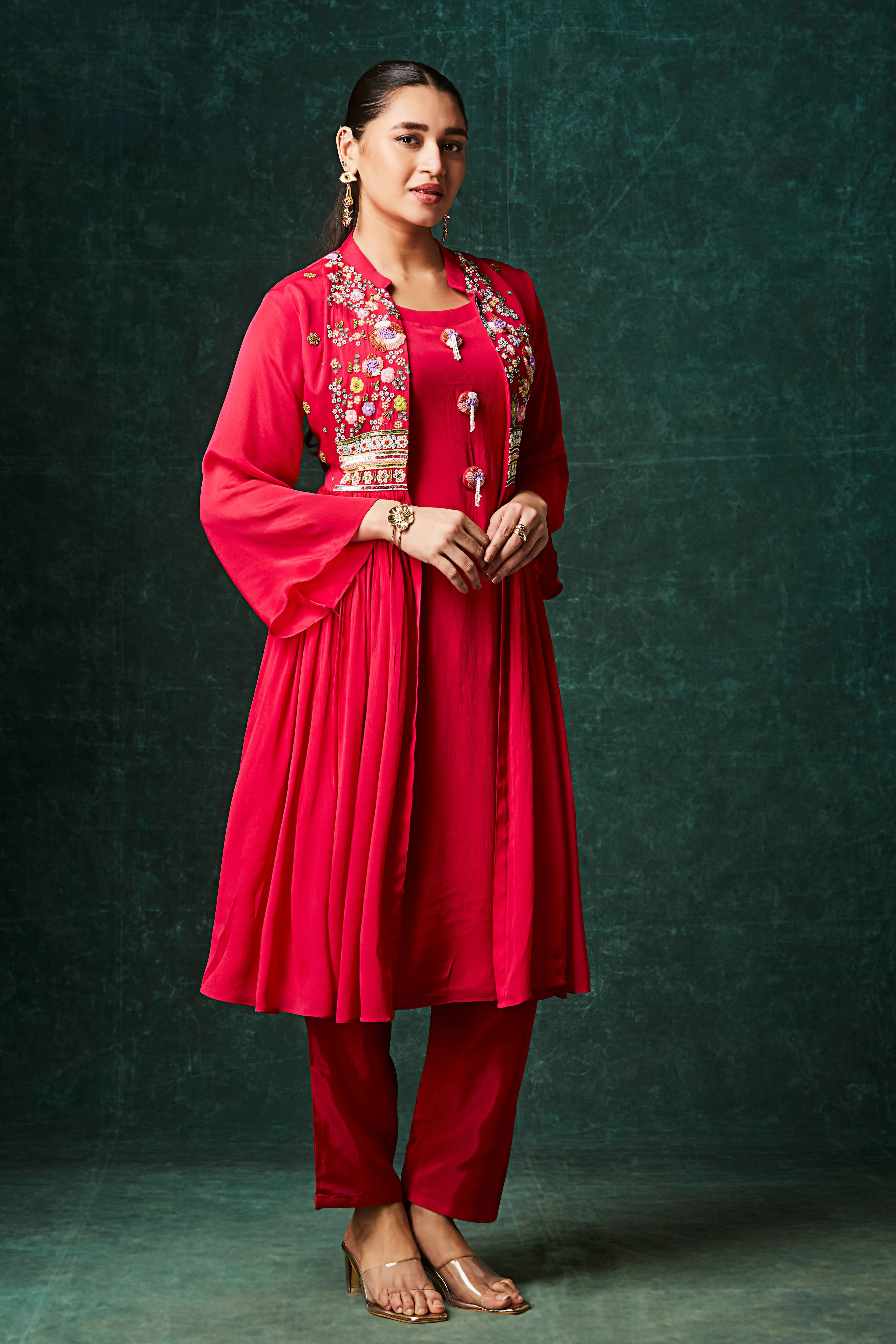 Crimson Red Embellished Chinon Silk Anarkali Set - Image 4