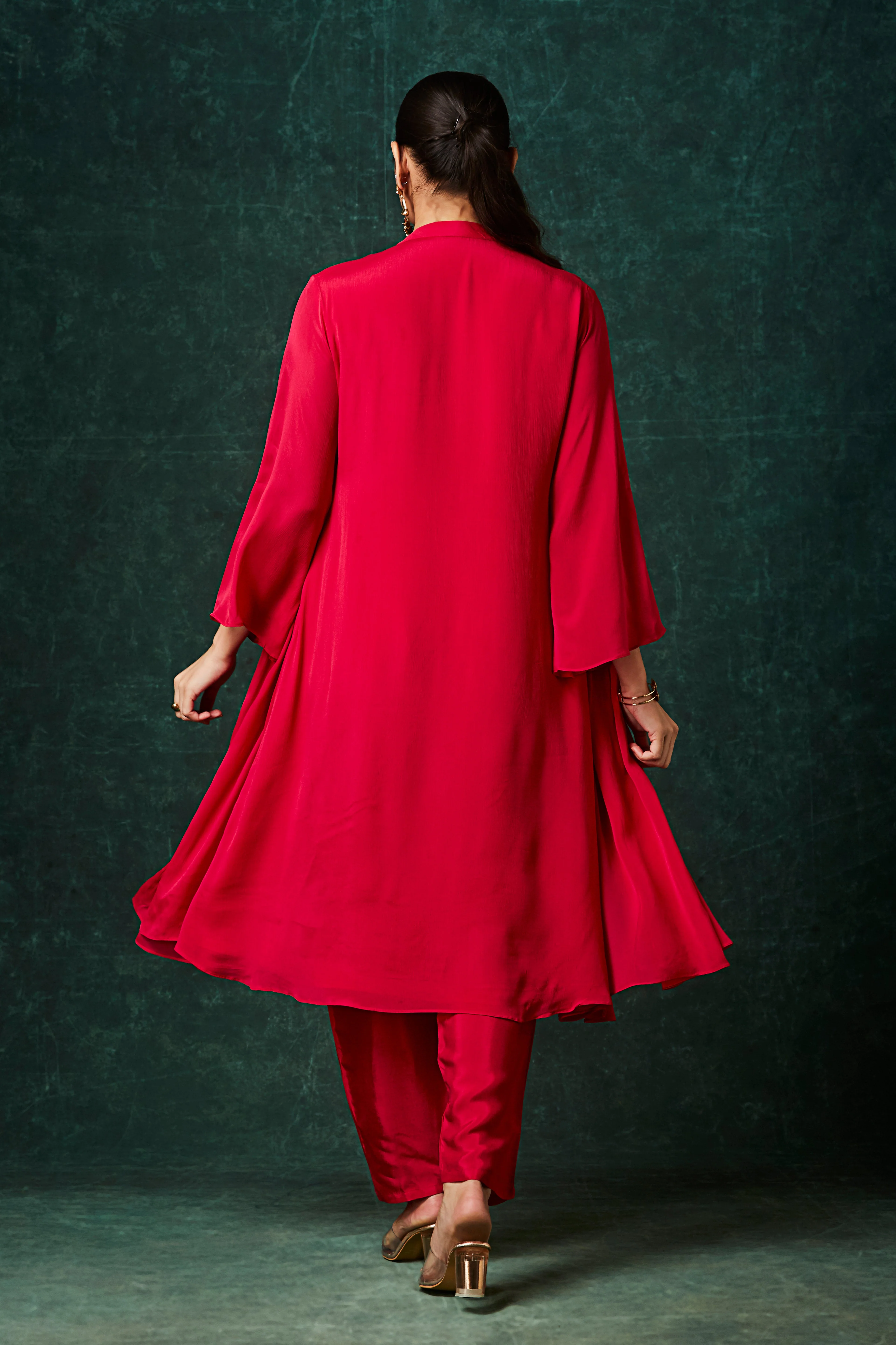Crimson Red Embellished Chinon Silk Anarkali Set - Image 5