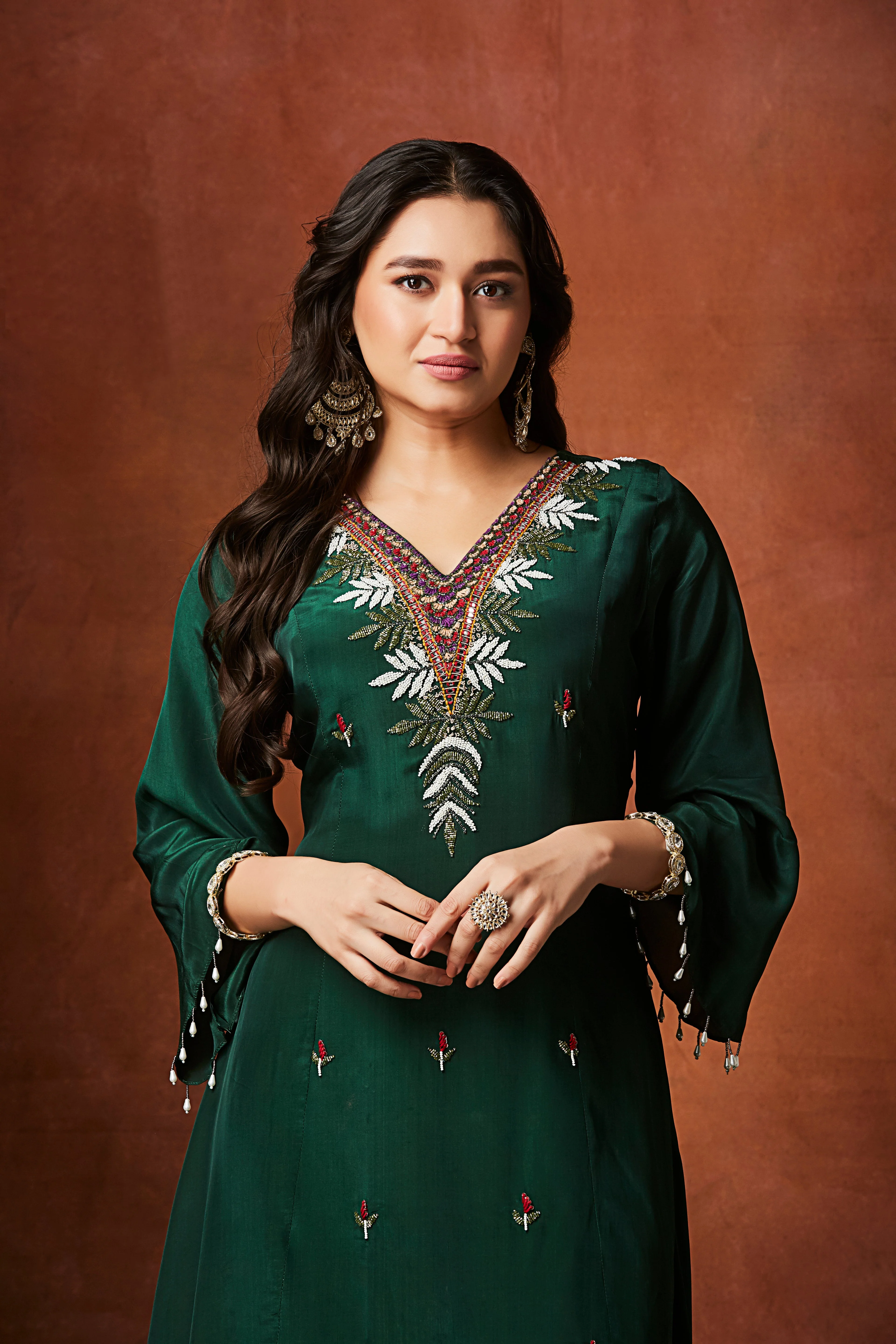 Bottle Green Embellished Chinon Silk Kurta Set - Image 2