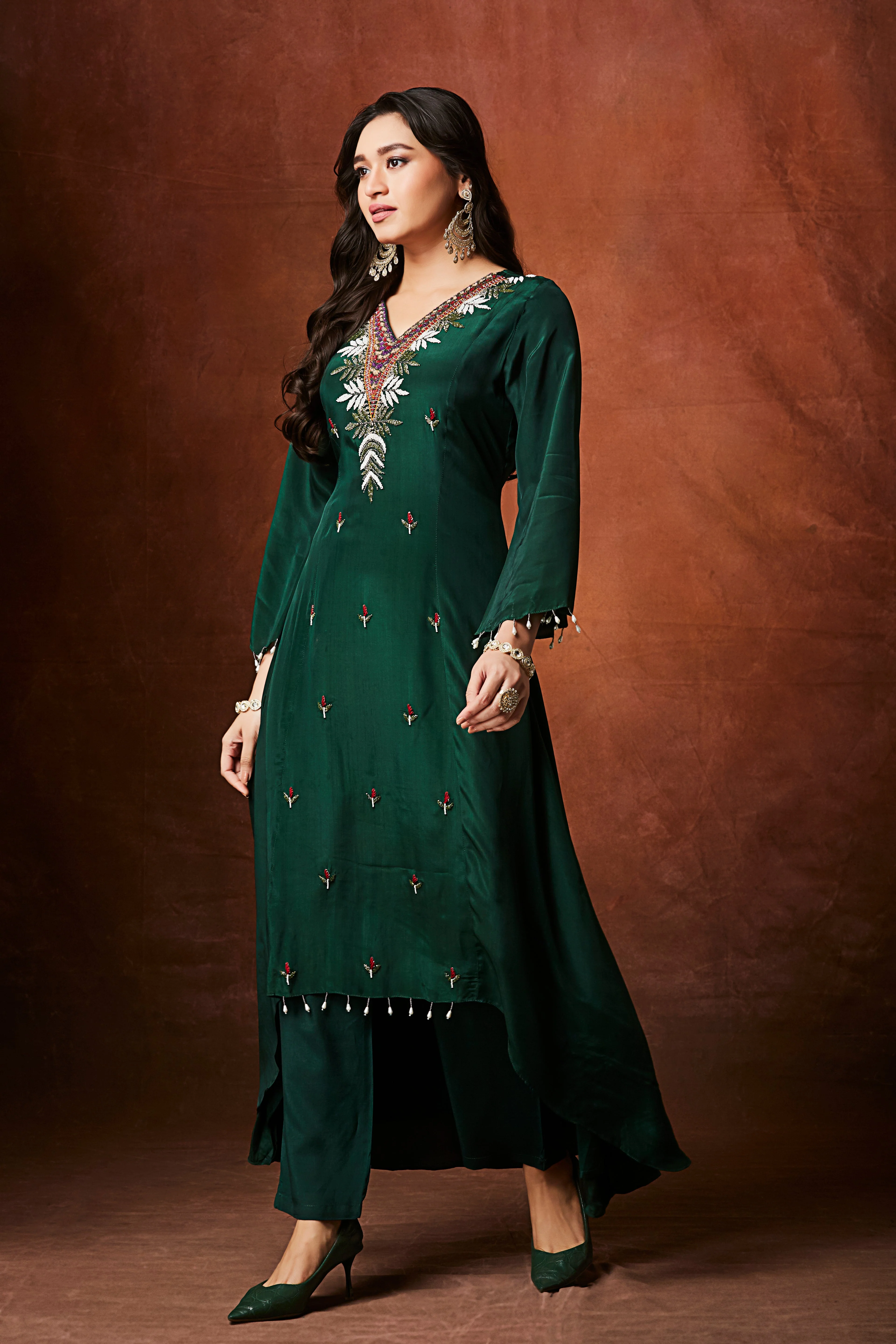 Bottle Green Embellished Chinon Silk Kurta Set - Image 3