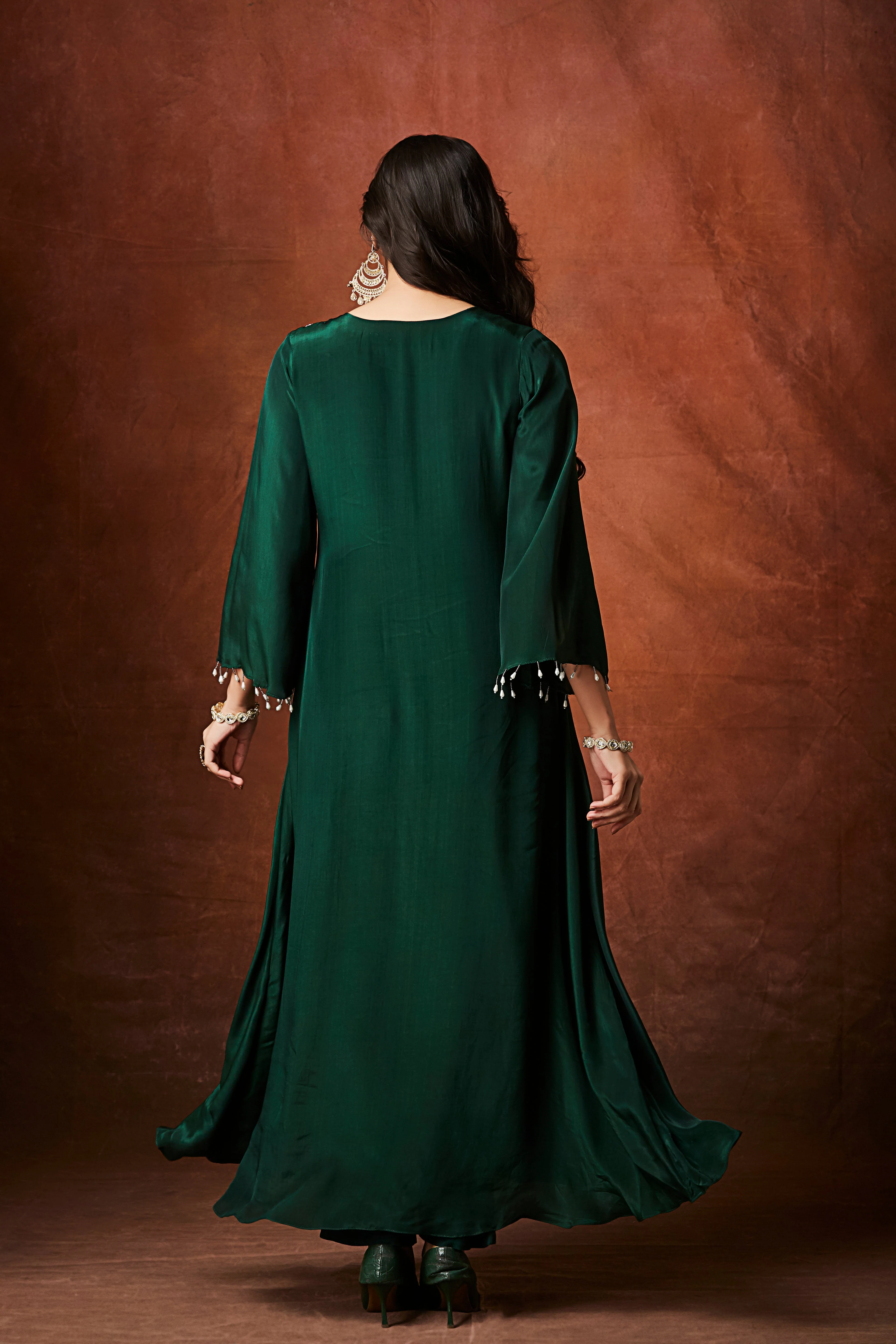 Bottle Green Embellished Chinon Silk Kurta Set - Image 5