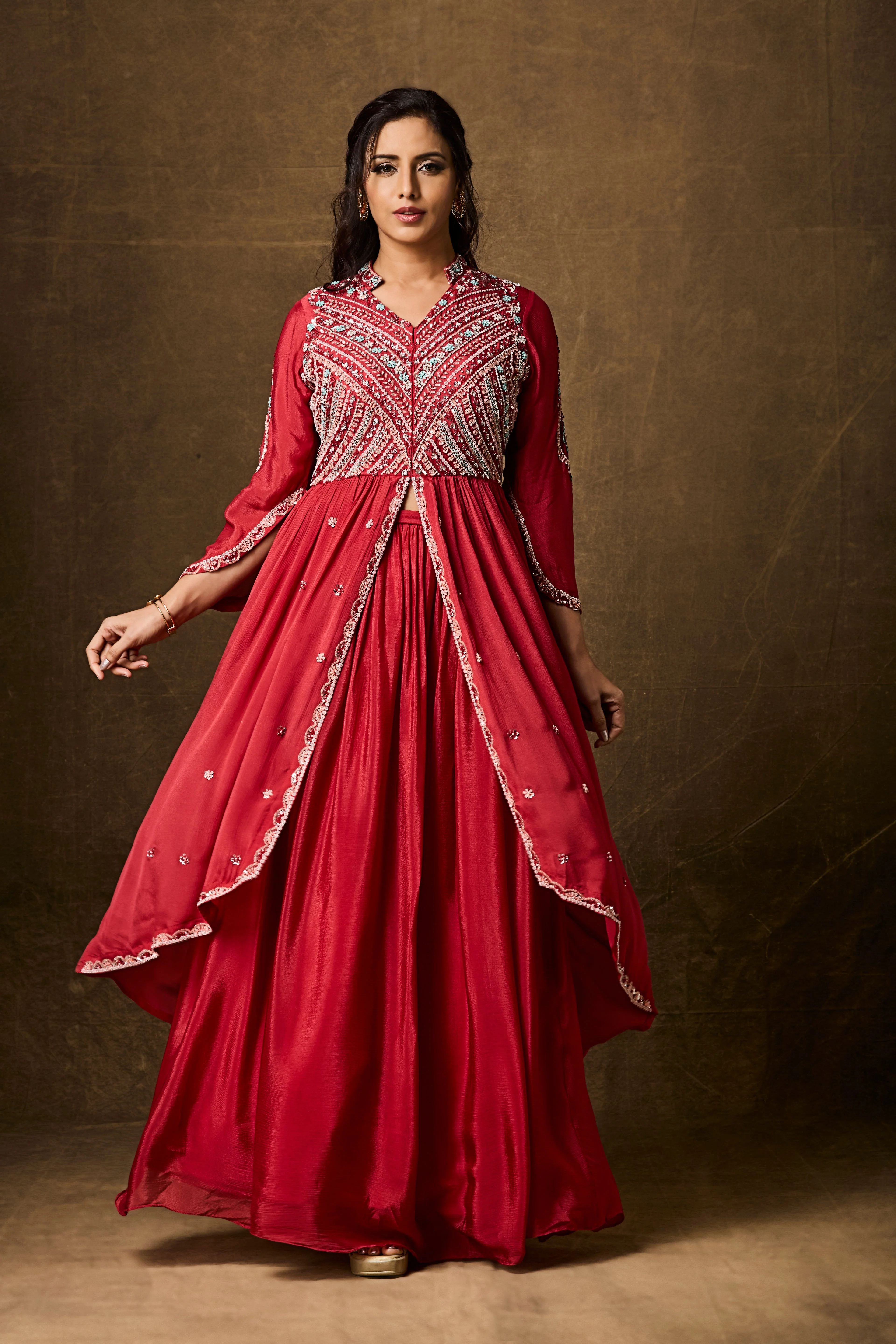 Crimson Red Embellished Chinon Silk Skirt Set