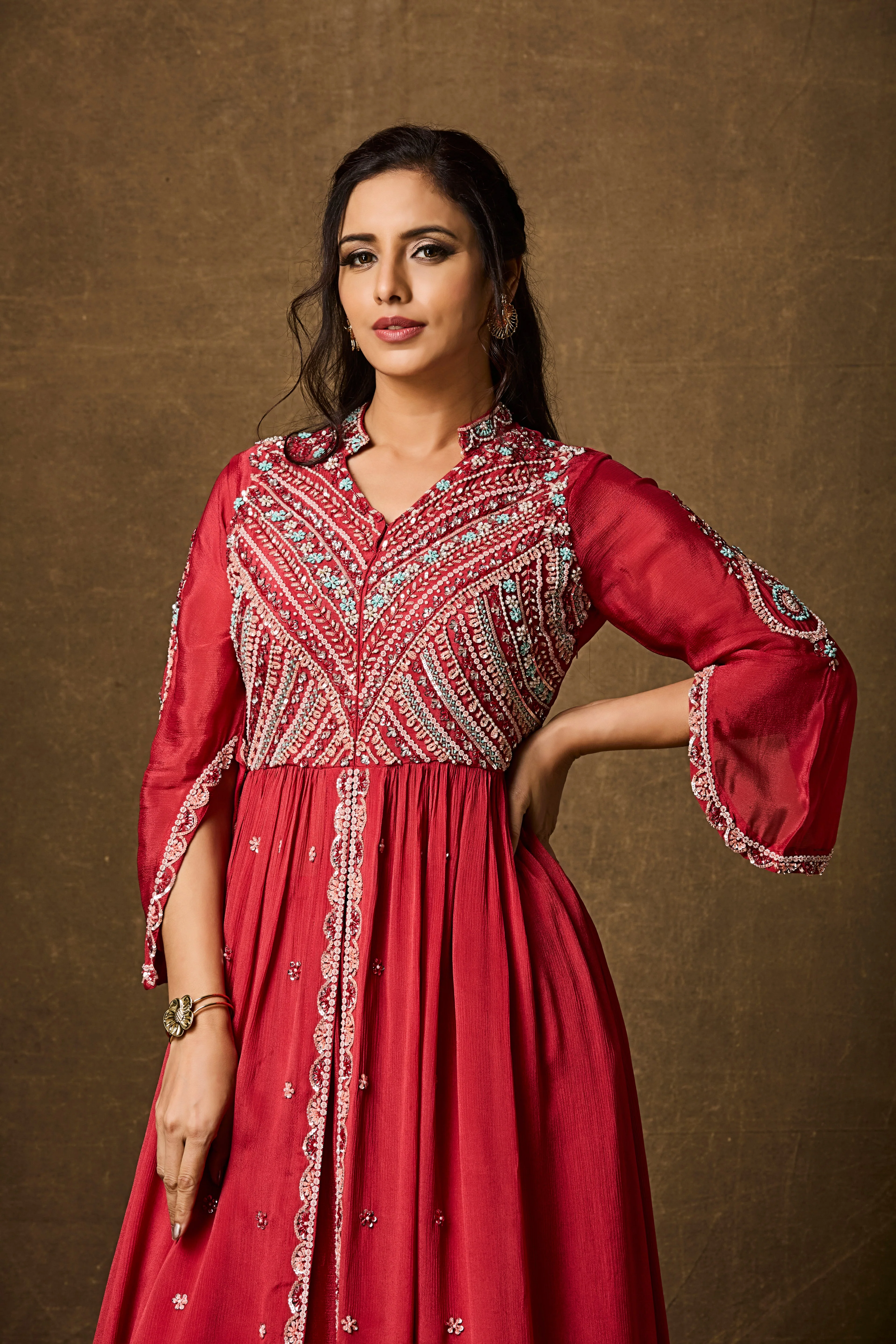 Crimson Red Embellished Chinon Silk Skirt Set - Image 2