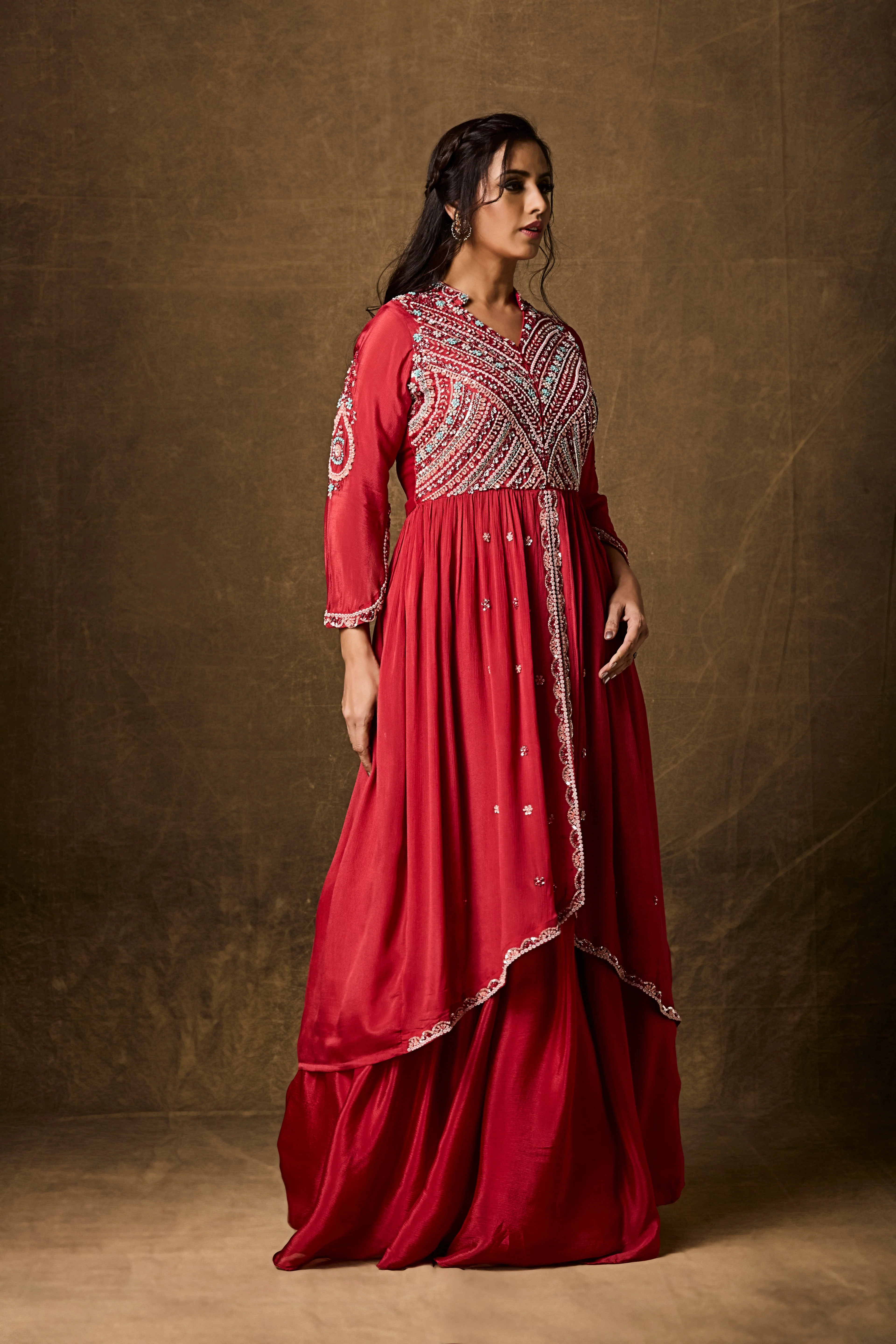 Crimson Red Embellished Chinon Silk Skirt Set - Image 3