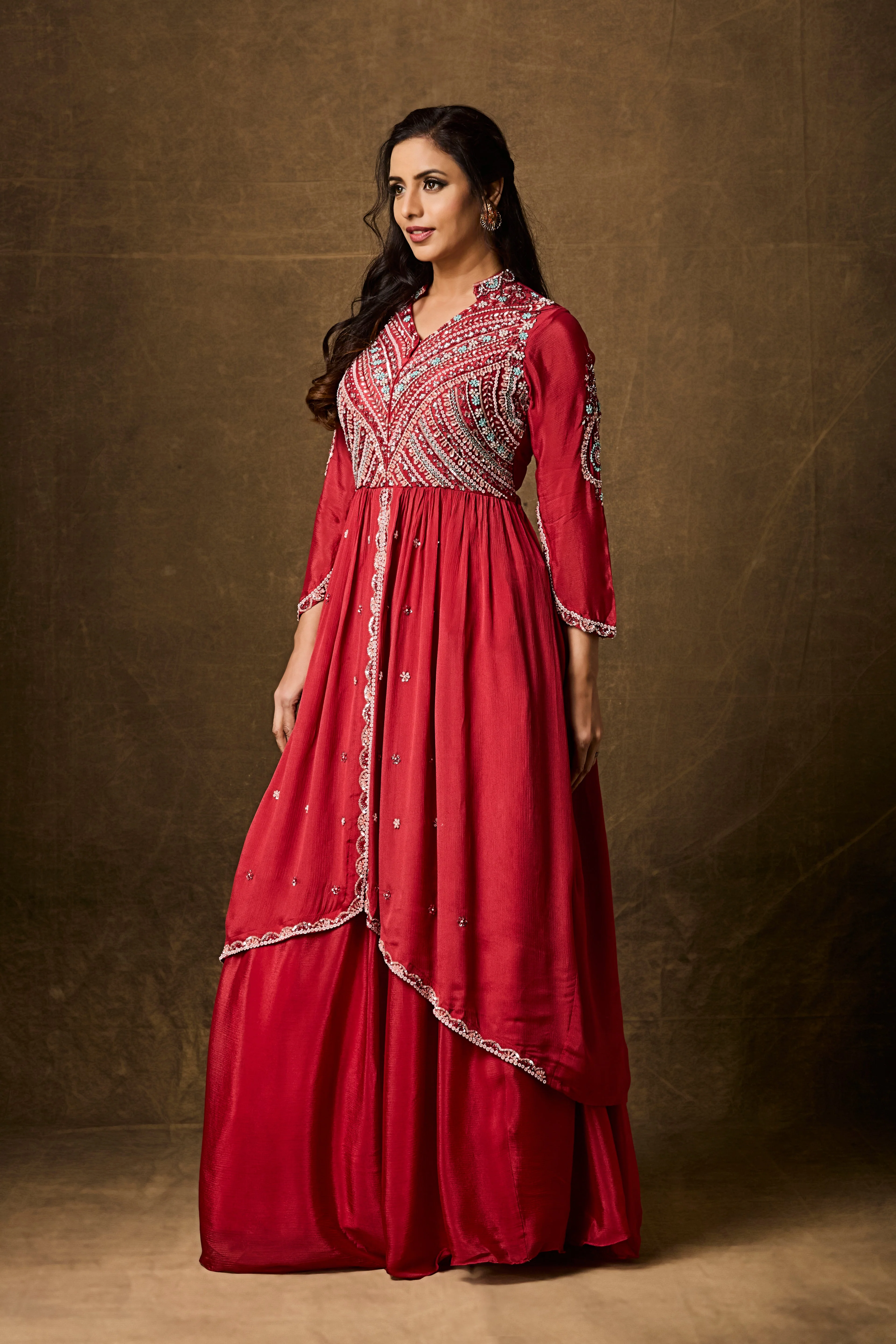 Crimson Red Embellished Chinon Silk Skirt Set - Image 4