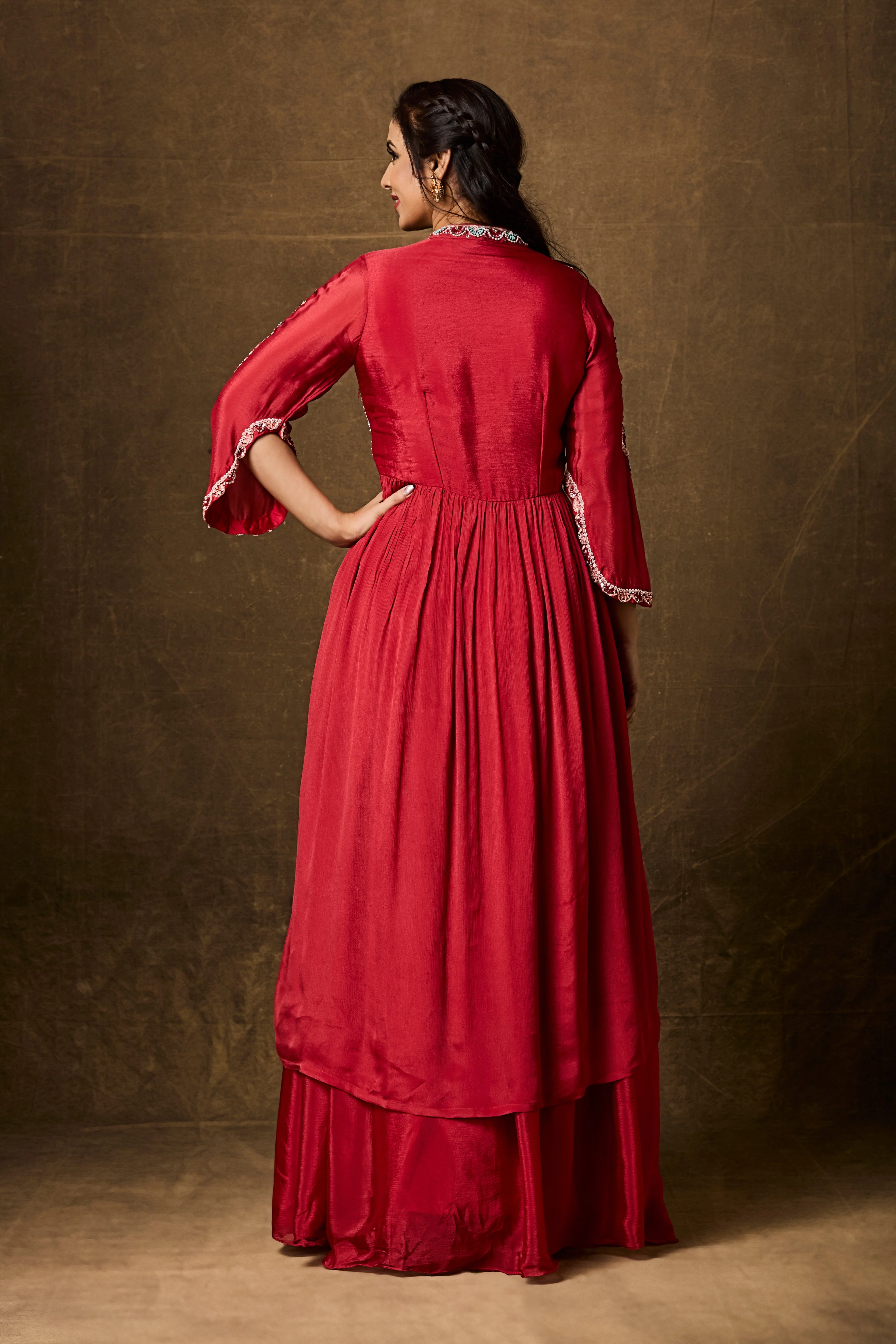 Crimson Red Embellished Chinon Silk Skirt Set - Image 5