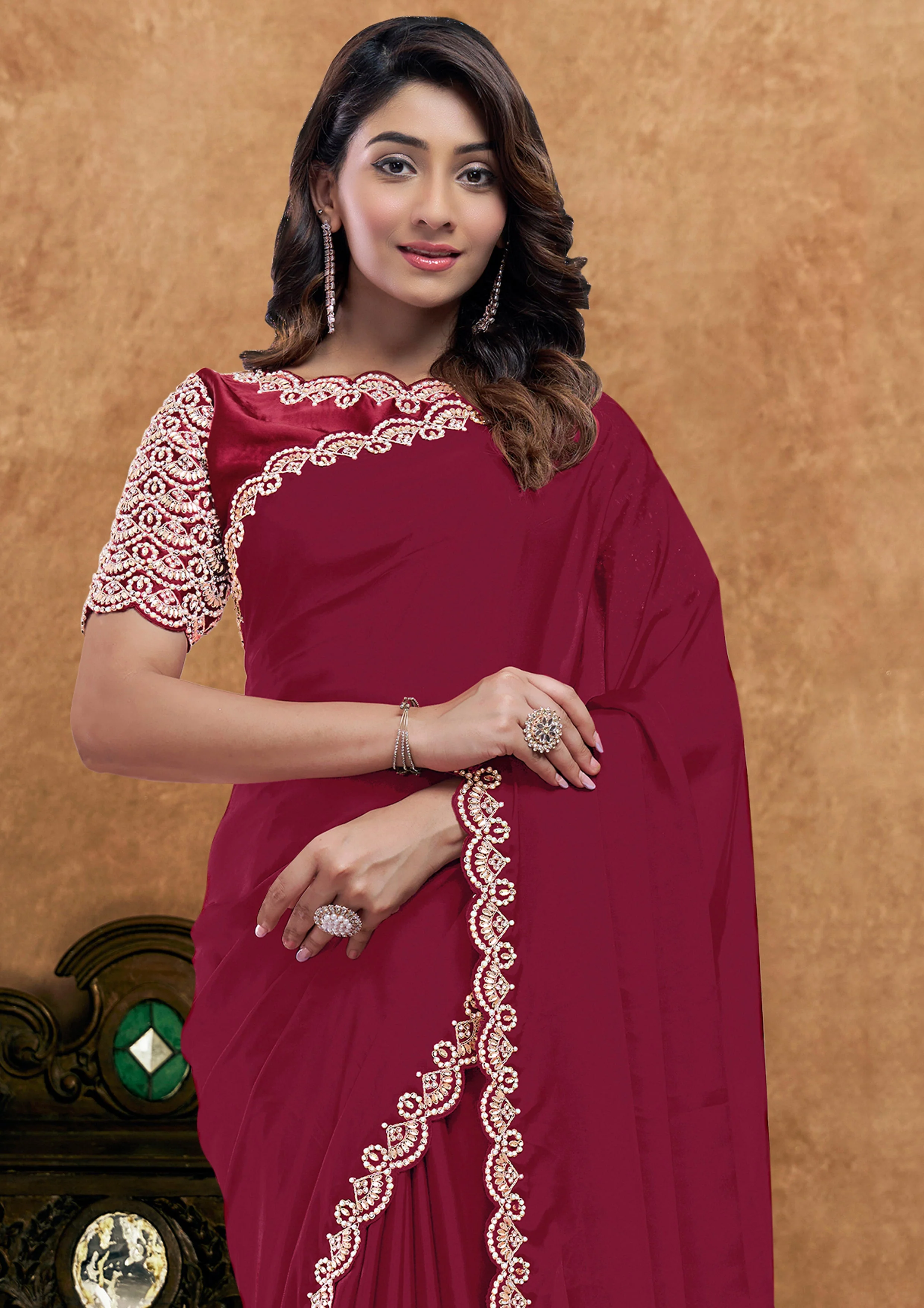 Crimson Red Embellished Crepe Silk Saree - Image 2