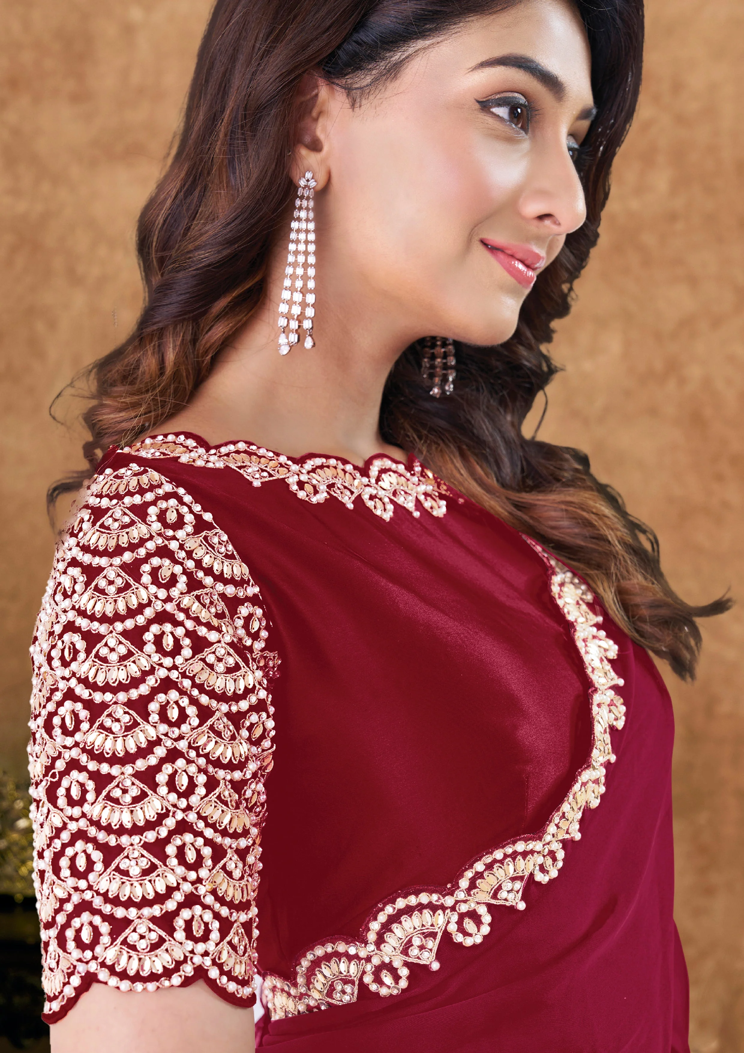 Crimson Red Embellished Crepe Silk Saree - Image 3