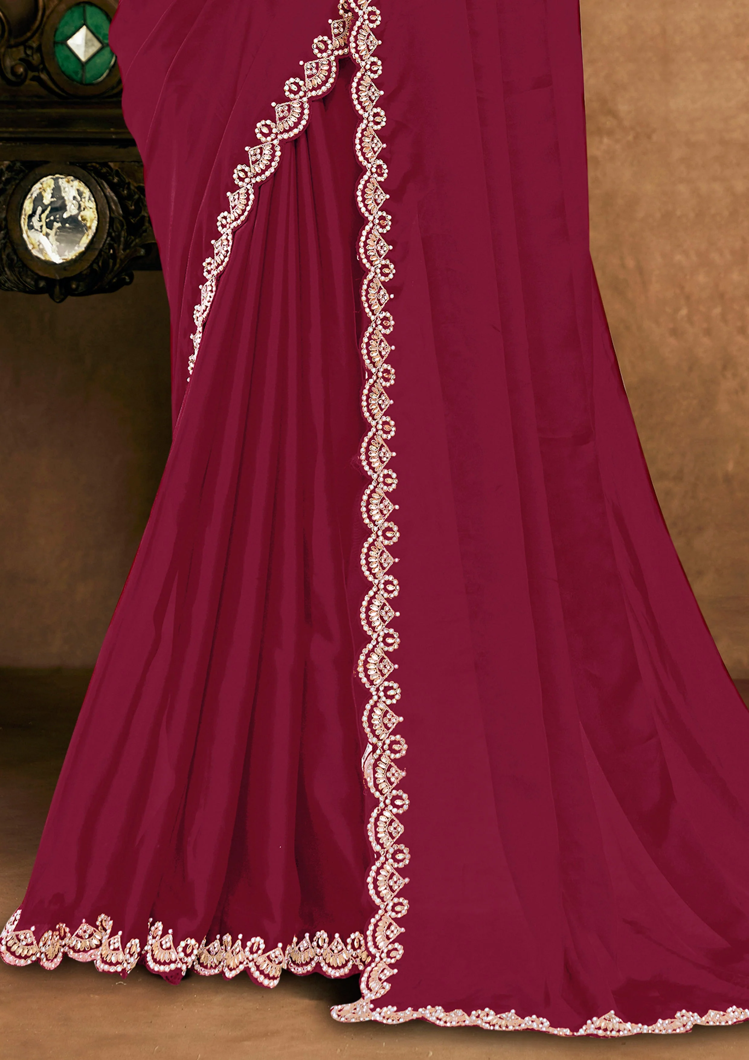 Crimson Red Embellished Crepe Silk Saree - Image 4