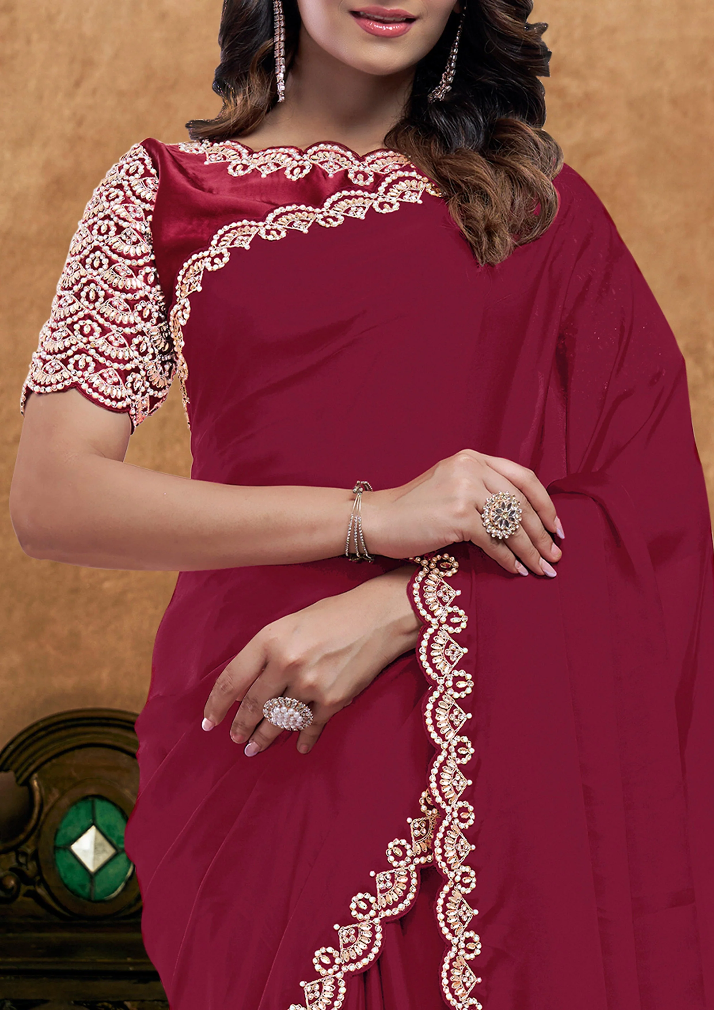 Crimson Red Embellished Crepe Silk Saree - Image 5