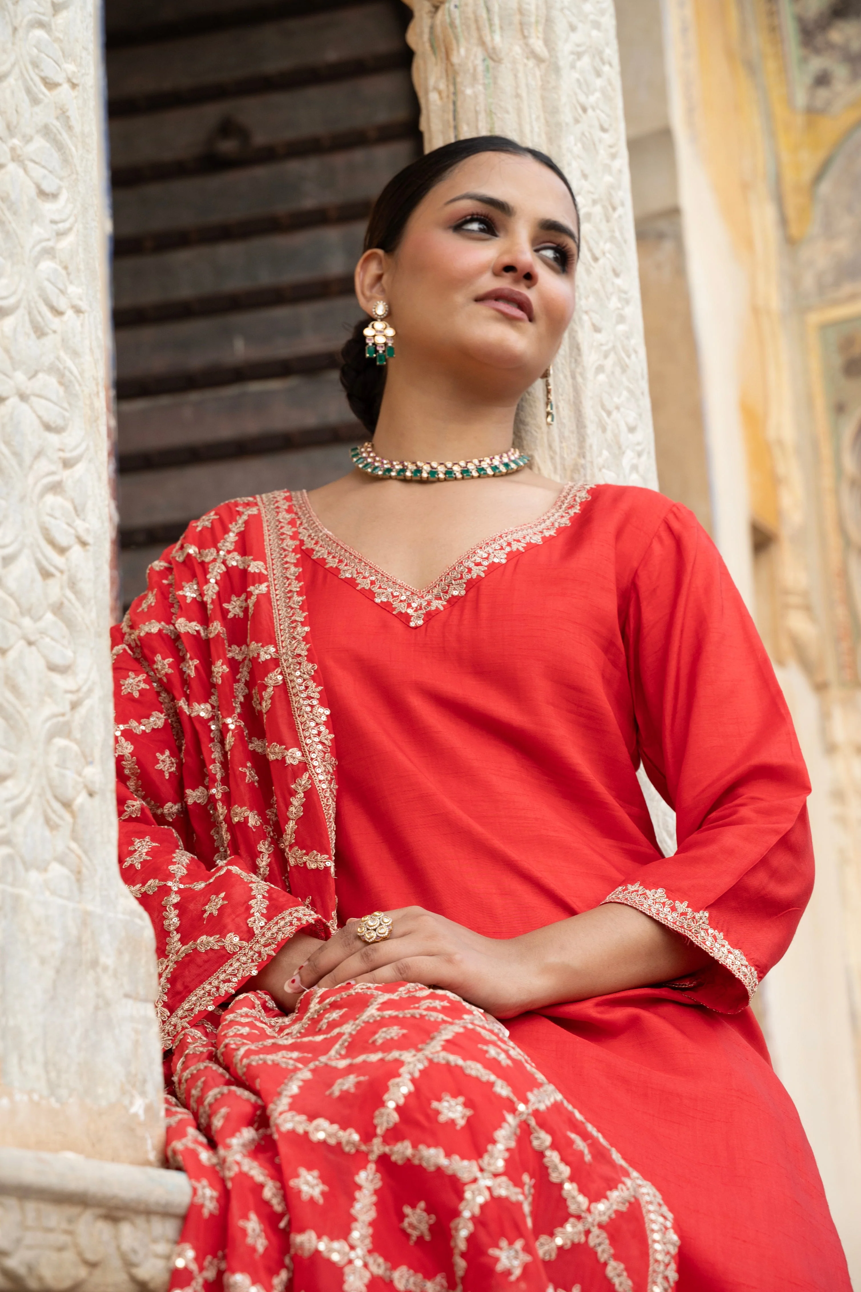 Crimson Red Embellished Dola Silk Pant Set - Image 2