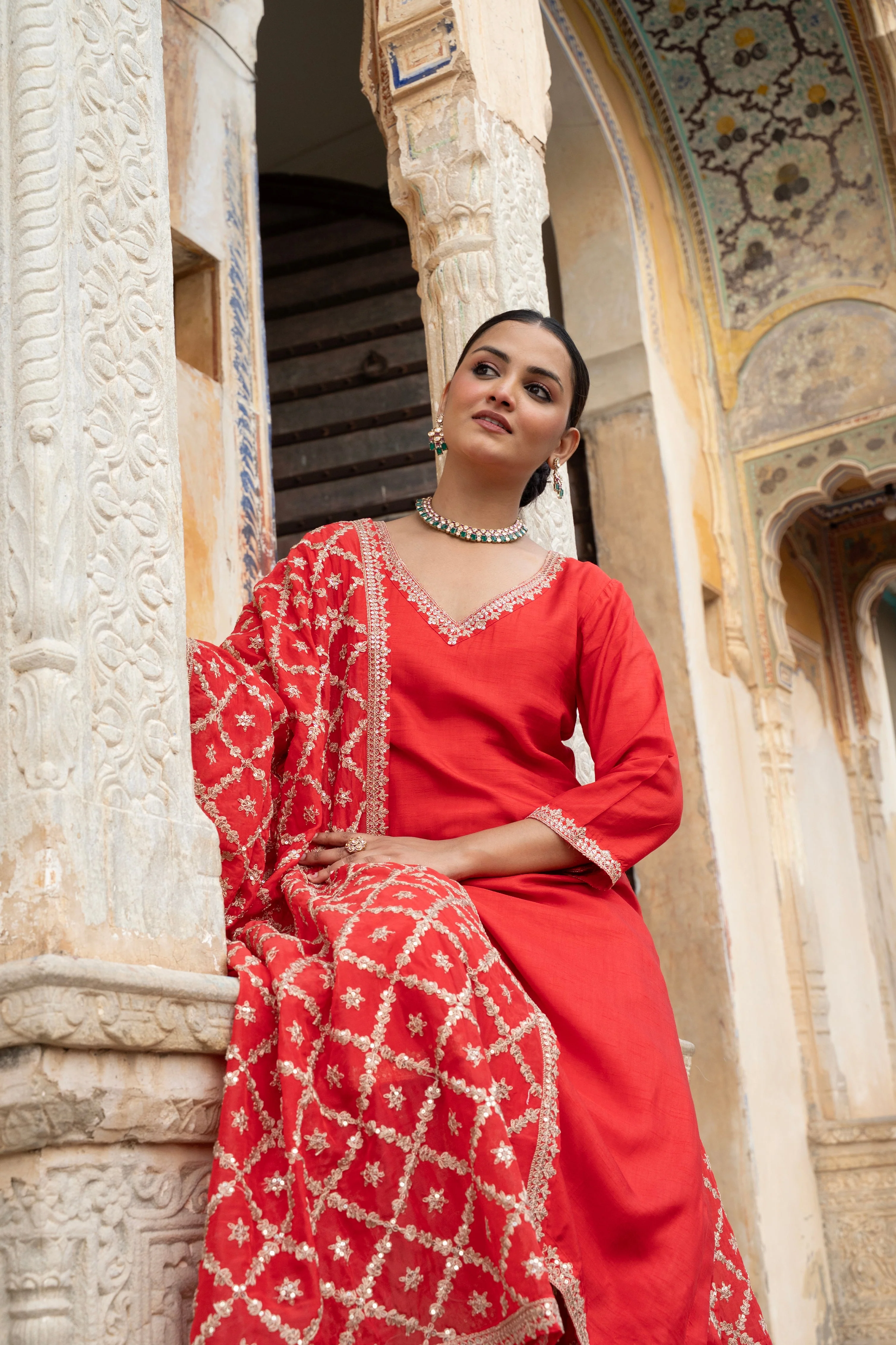 Crimson Red Embellished Dola Silk Pant Set - Image 3