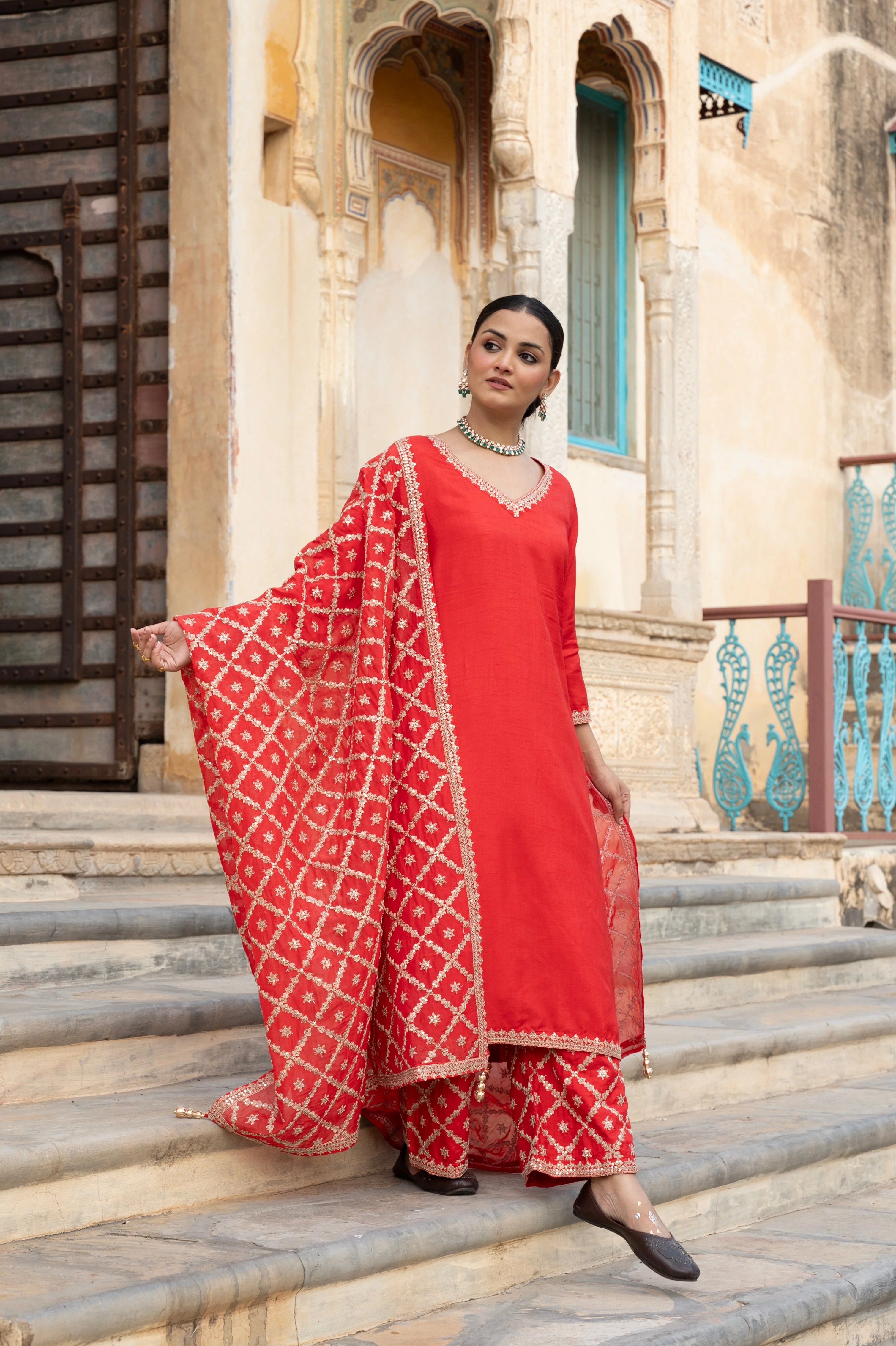 Crimson Red Embellished Dola Silk Pant Set - Image 4