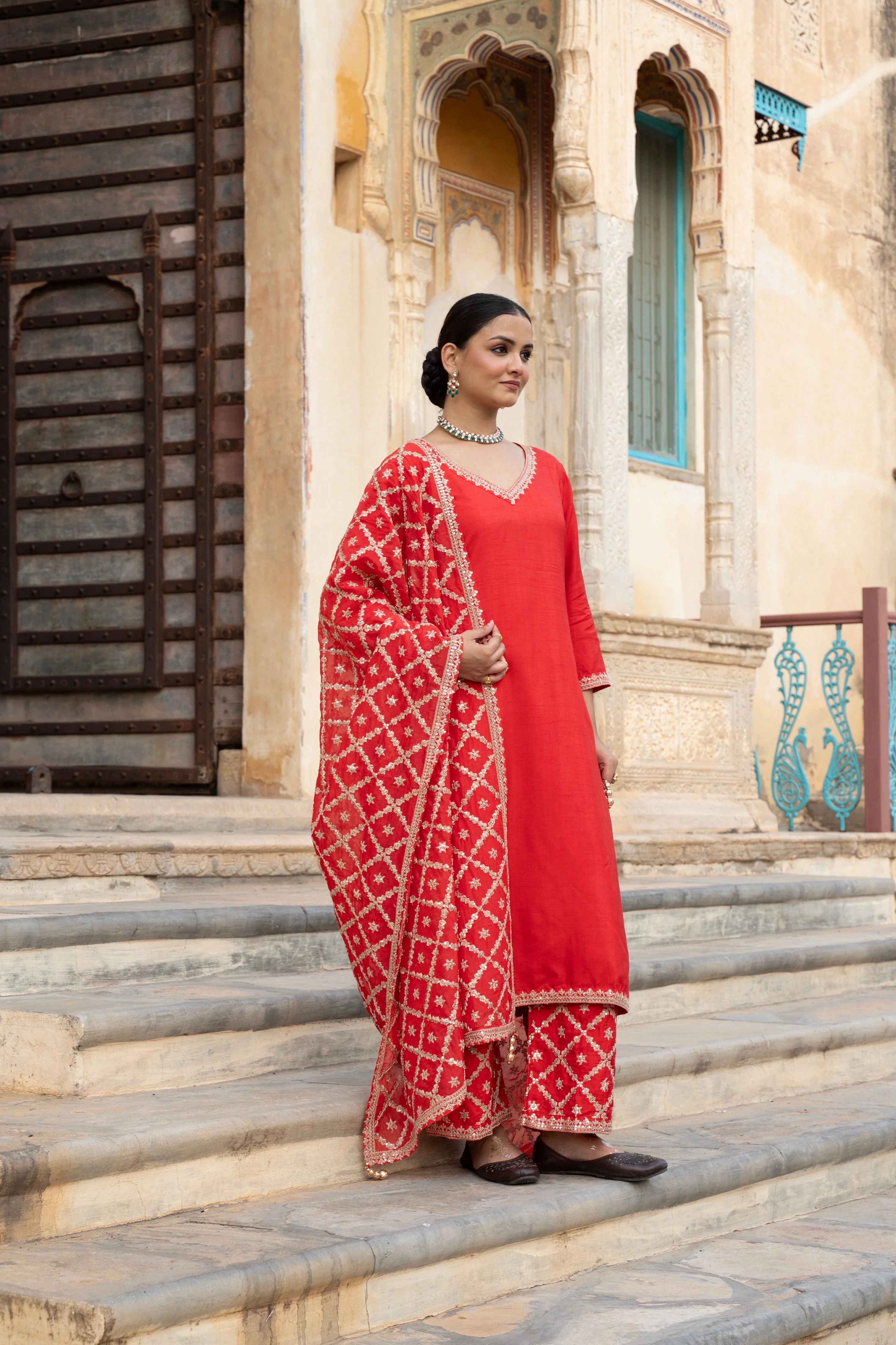 Crimson Red Embellished Dola Silk Pant Set - Image 5