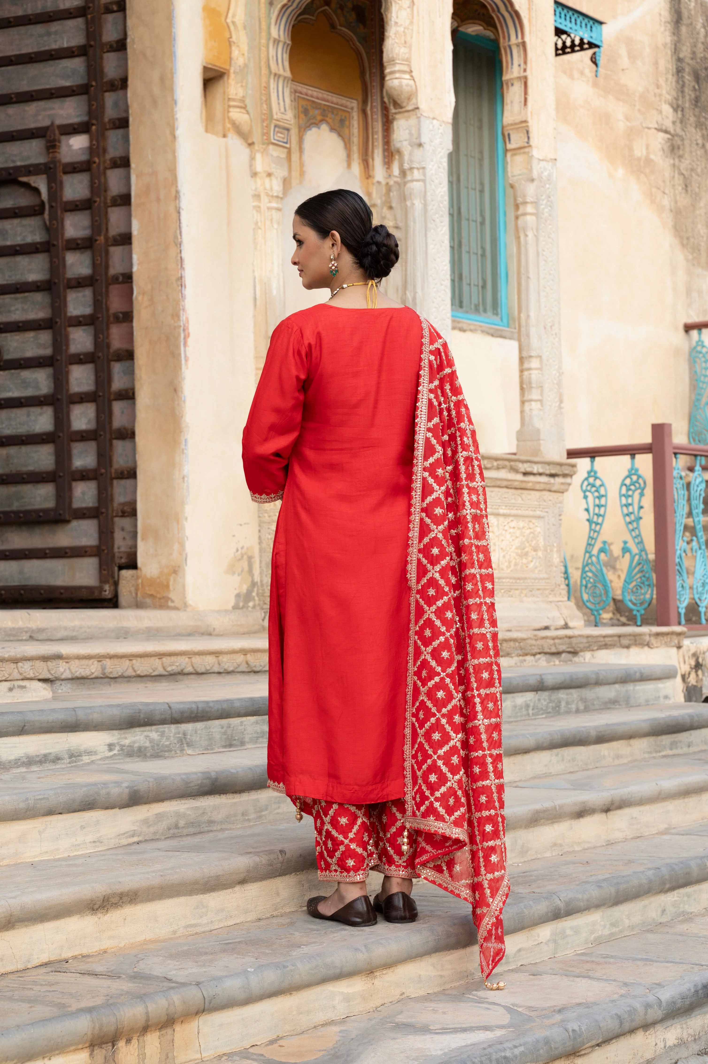 Crimson Red Embellished Dola Silk Pant Set - Image 6