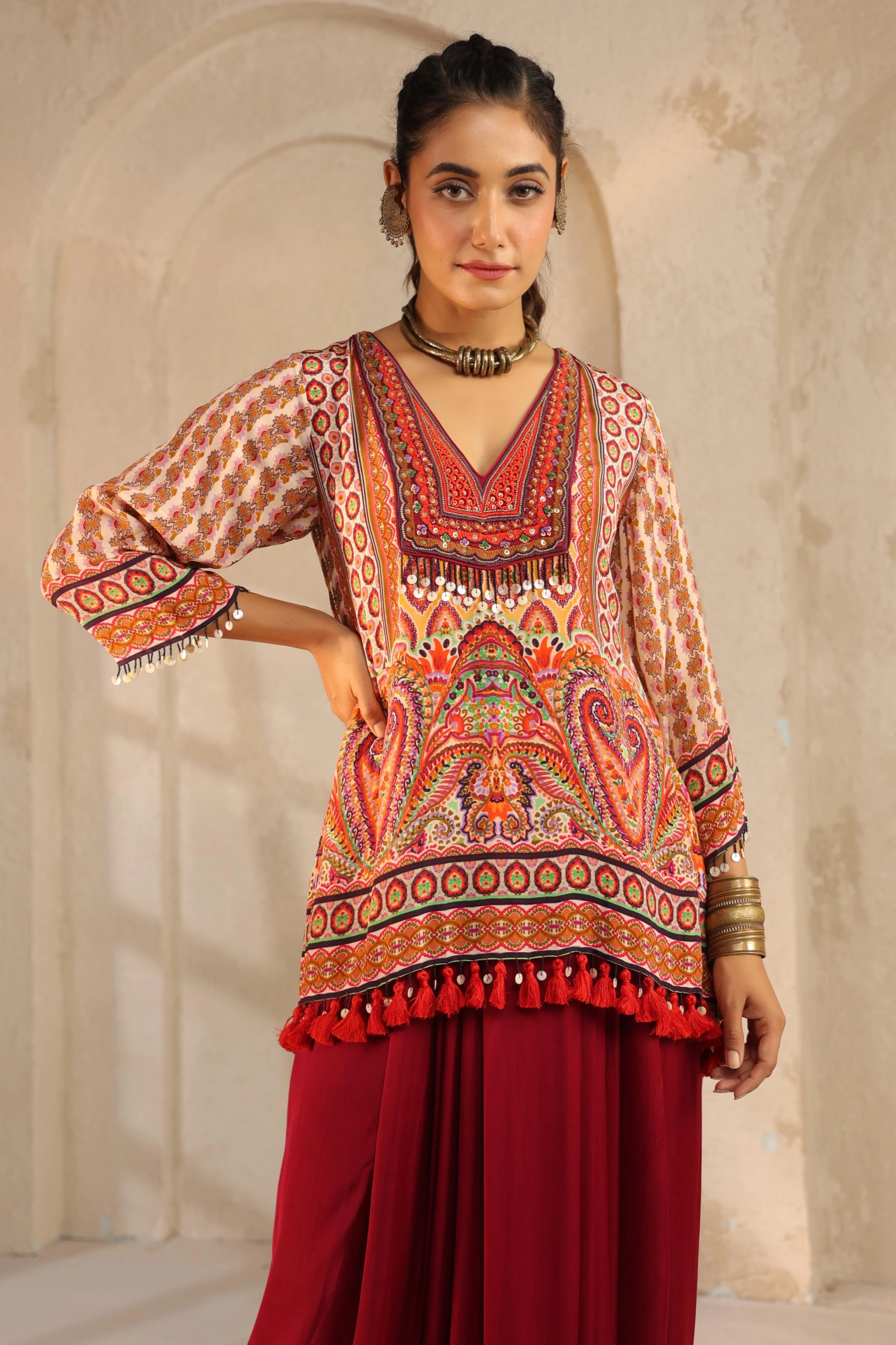 Crimson Red Embellished Modal Satin Dhoti Set - Image 2
