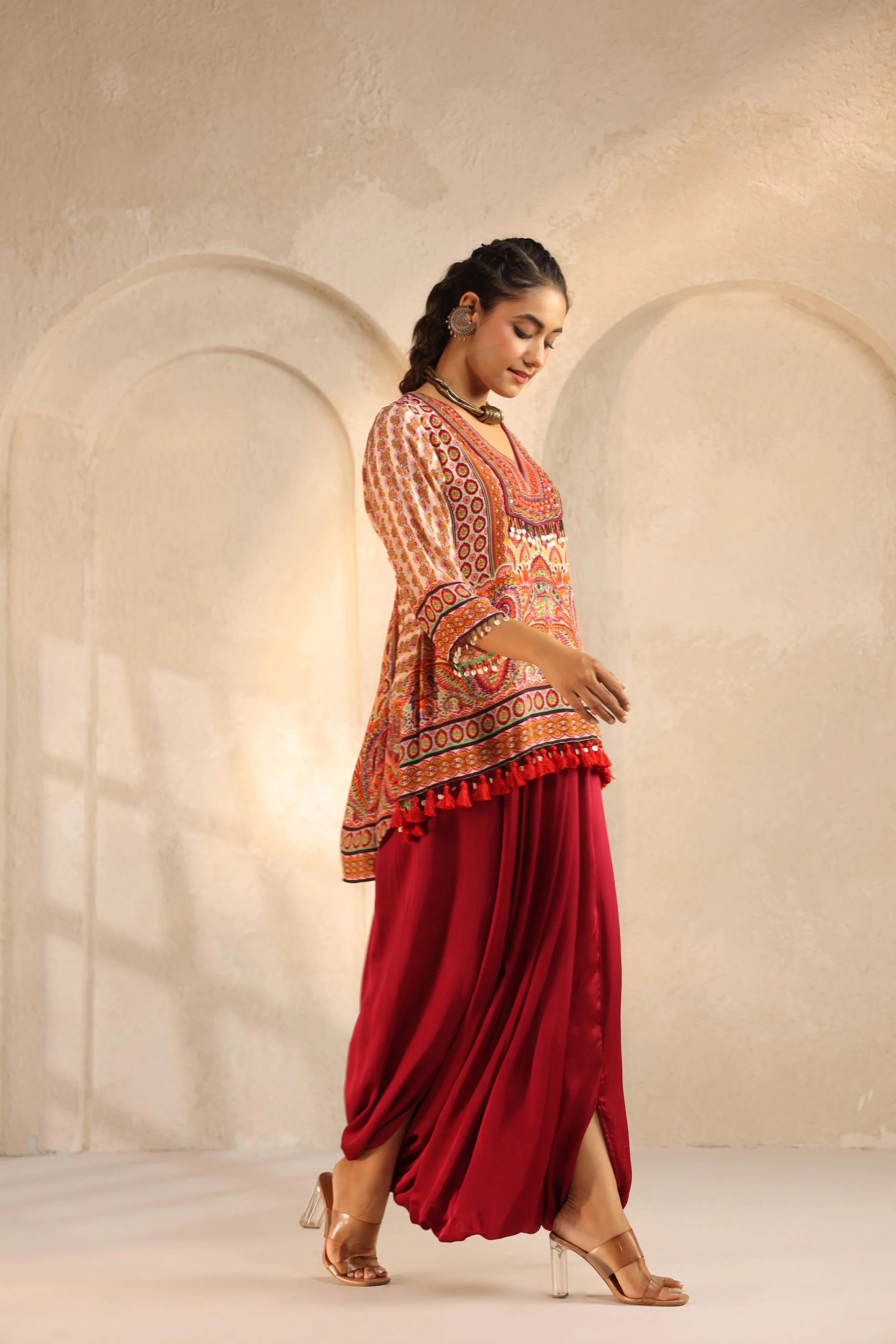 Crimson Red Embellished Modal Satin Dhoti Set - Image 3