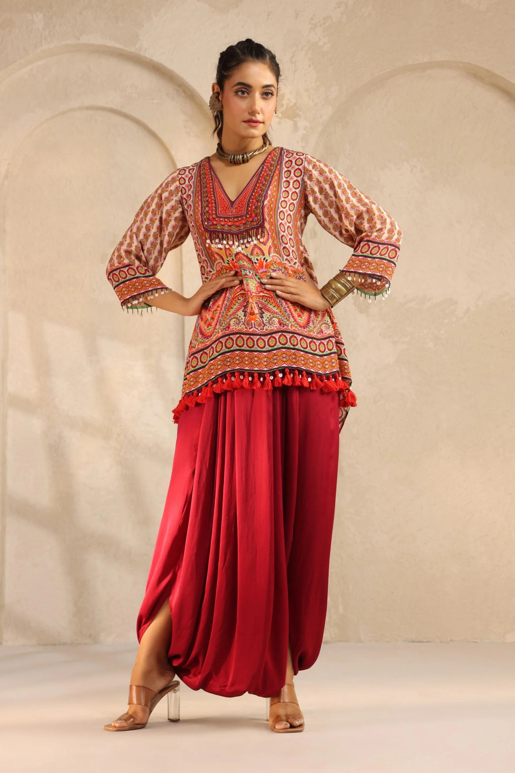 Crimson Red Embellished Modal Satin Dhoti Set - Image 4
