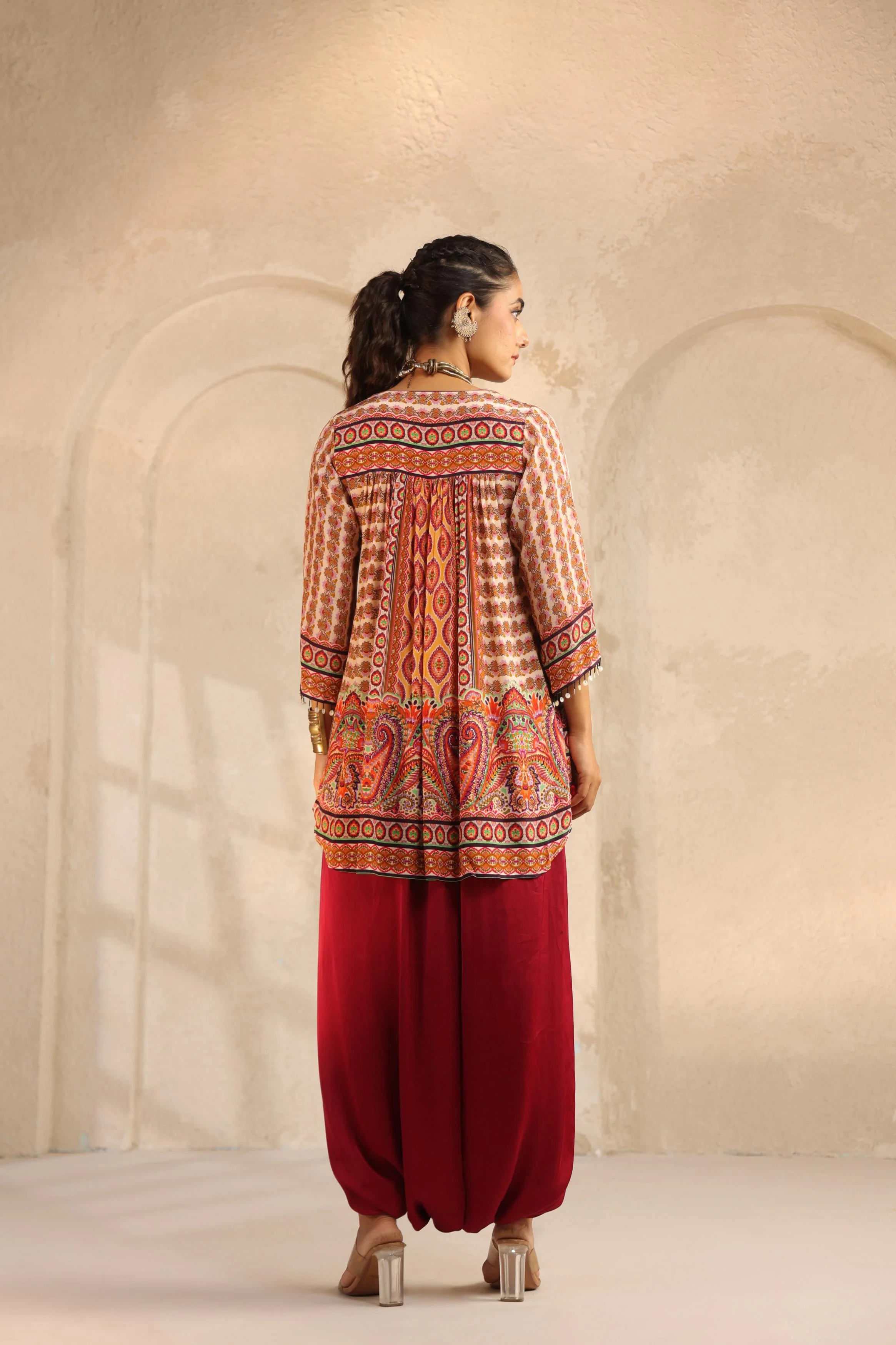 Crimson Red Embellished Modal Satin Dhoti Set - Image 5