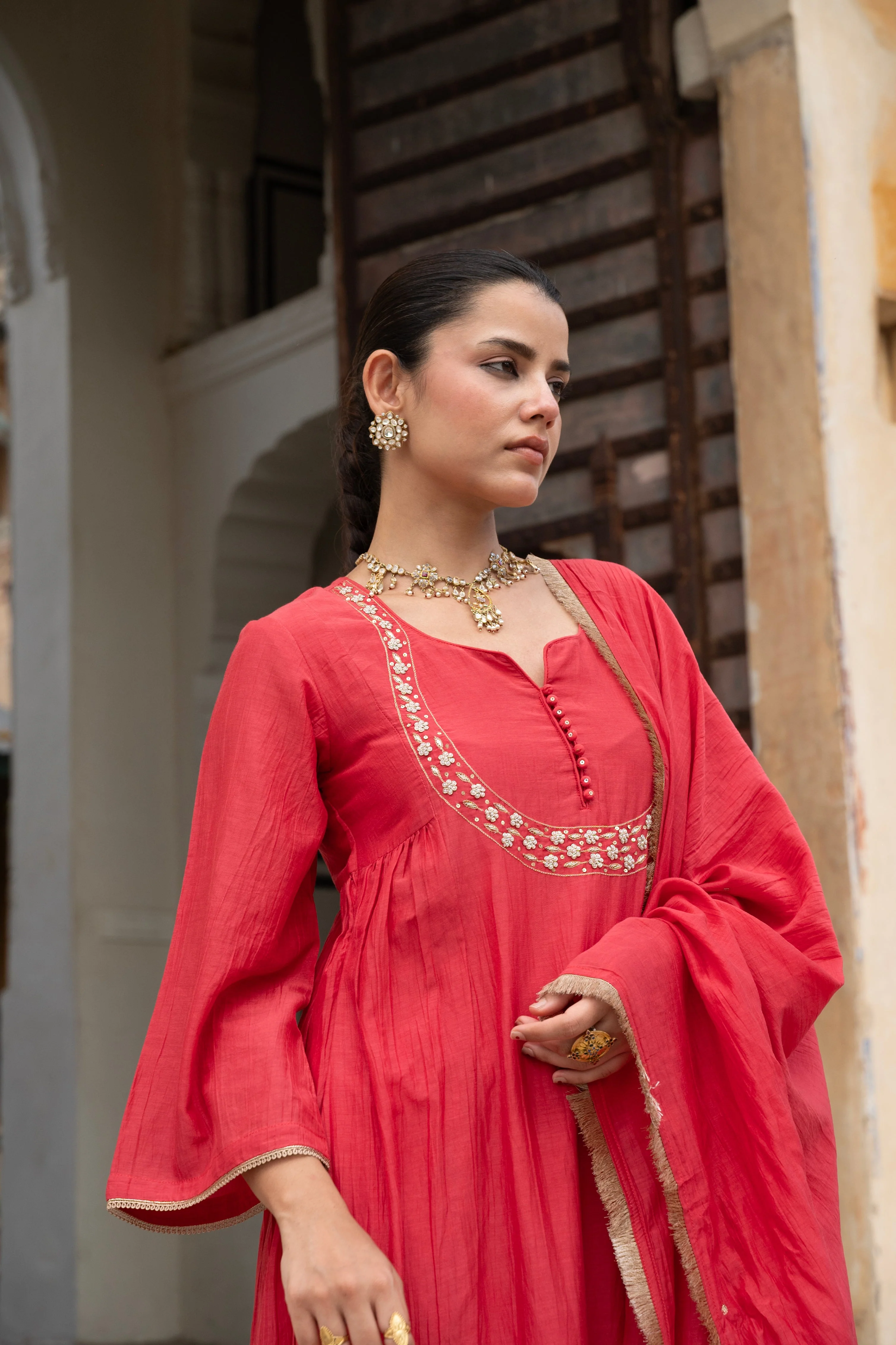 Crimson Red Embellished Mul Chenderi Pant Set - Image 2