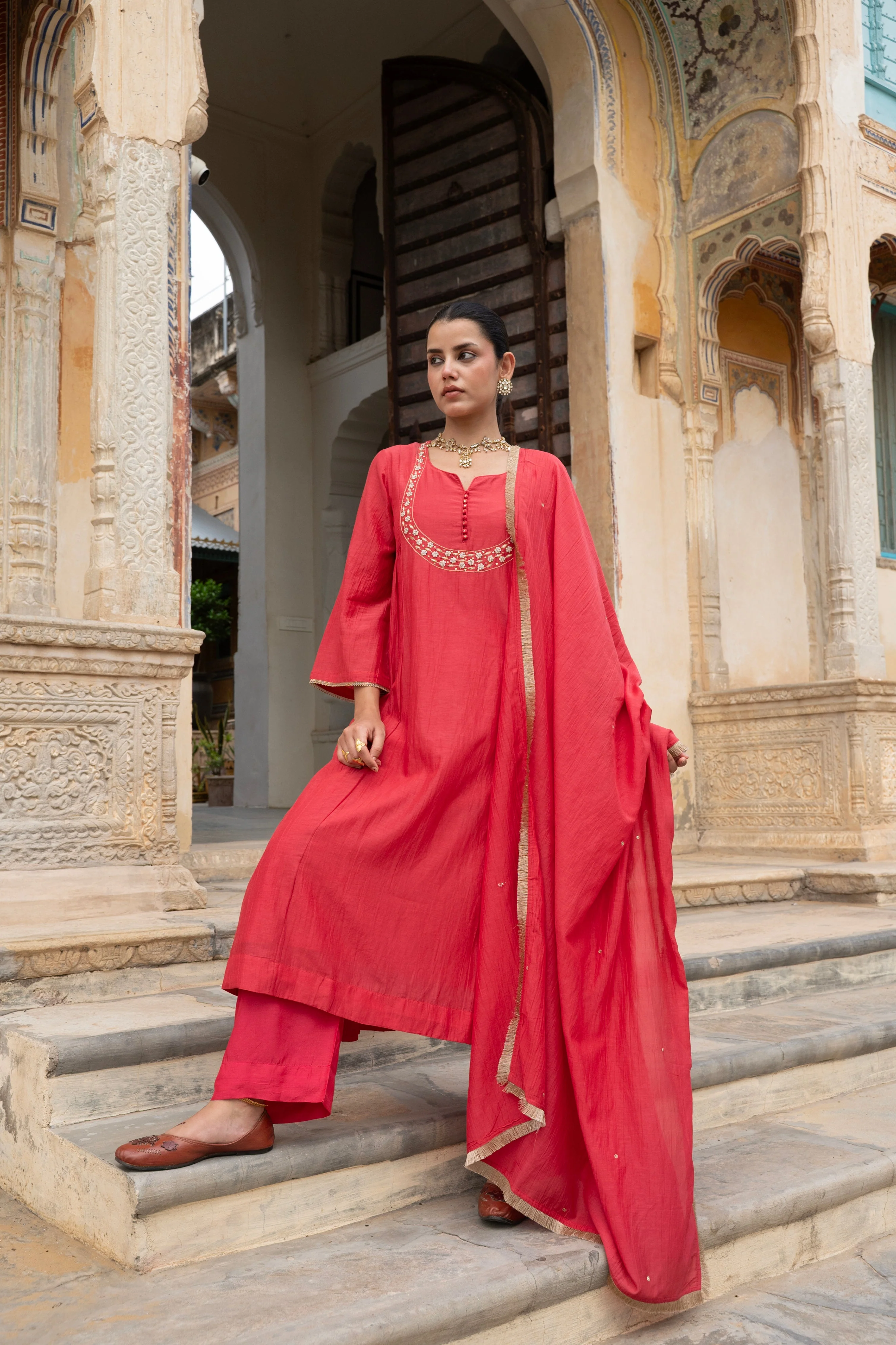 Crimson Red Embellished Mul Chenderi Pant Set - Image 3
