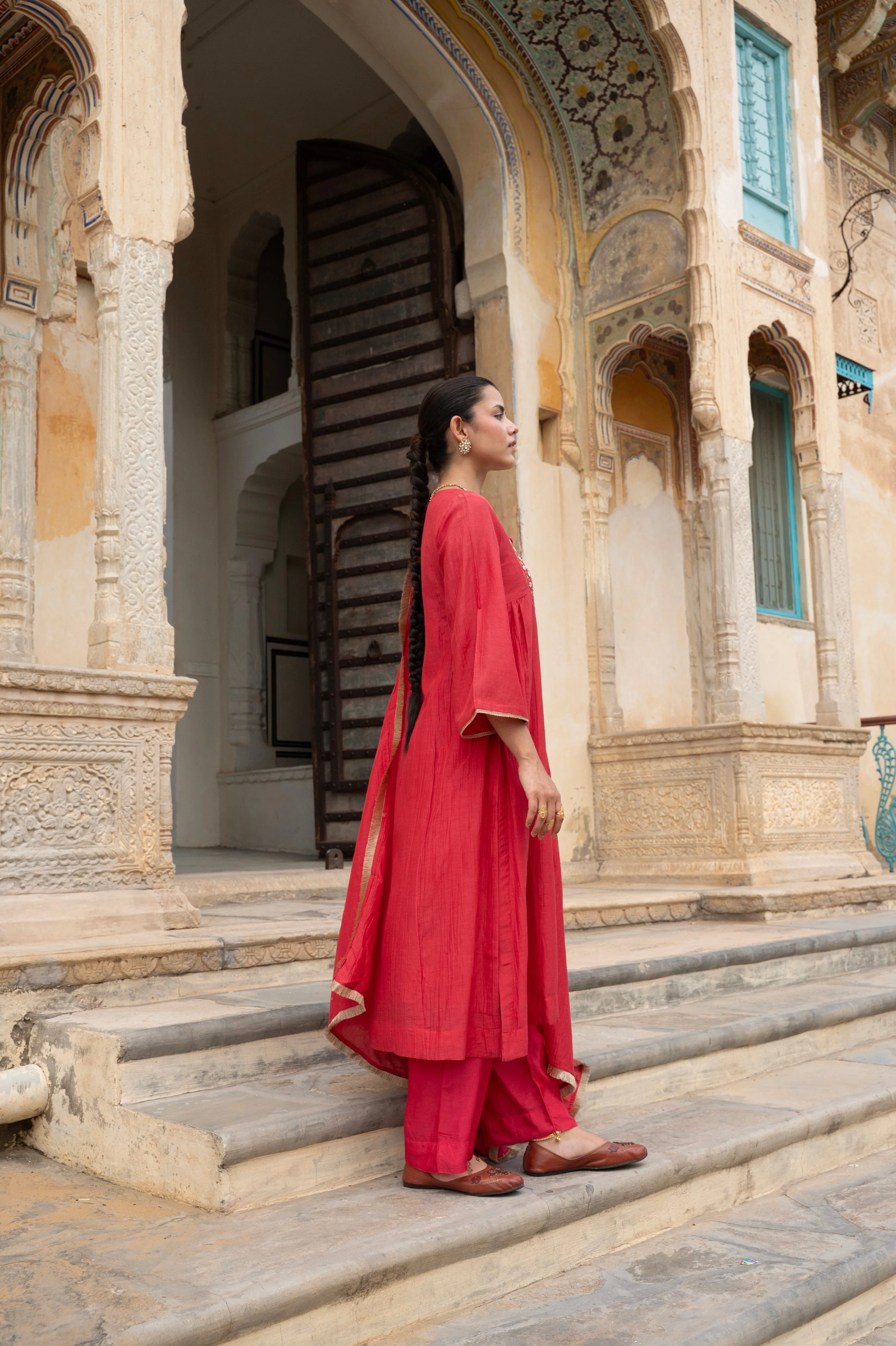 Crimson Red Embellished Mul Chenderi Pant Set - Image 4