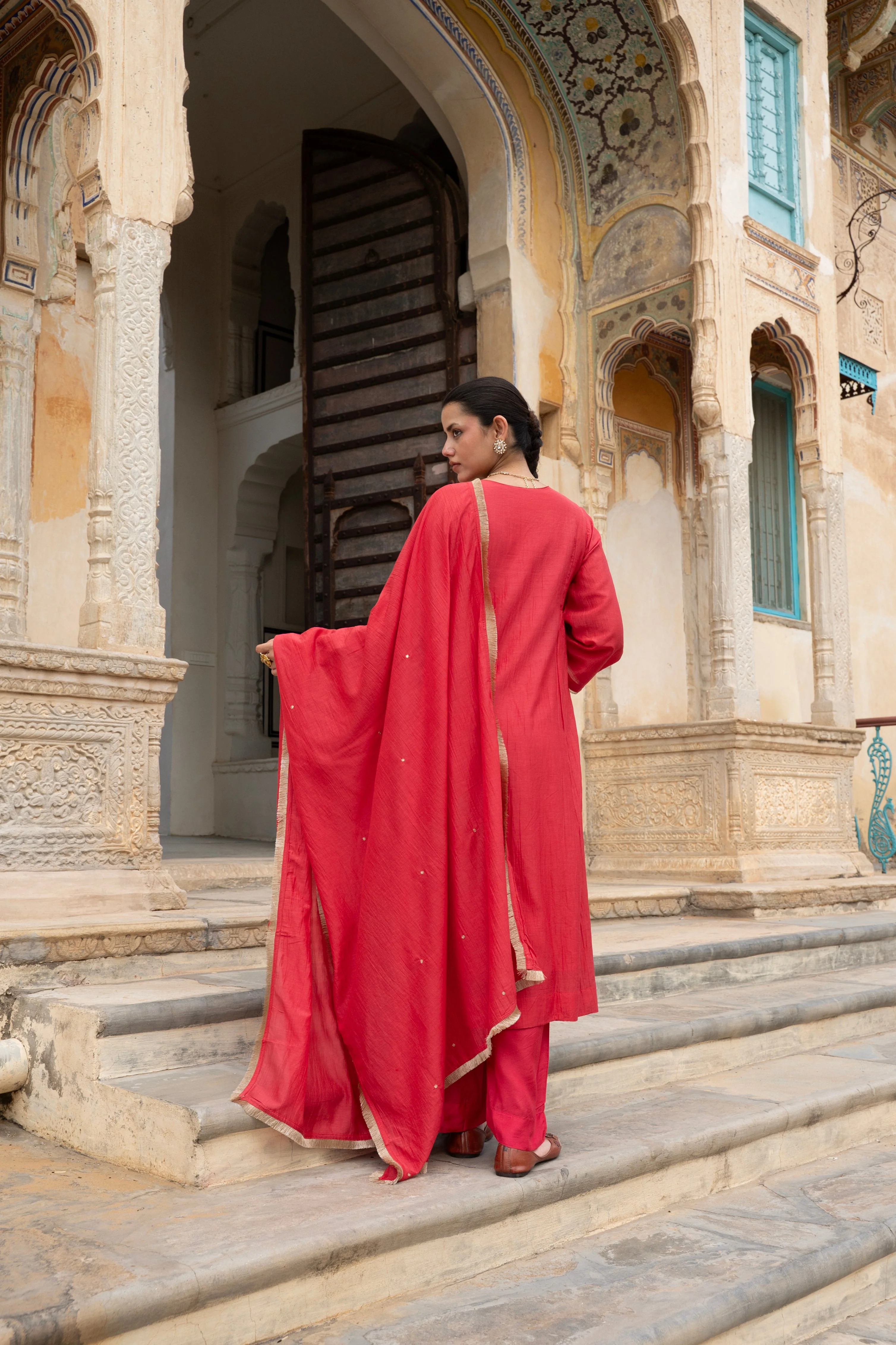 Crimson Red Embellished Mul Chenderi Pant Set - Image 5