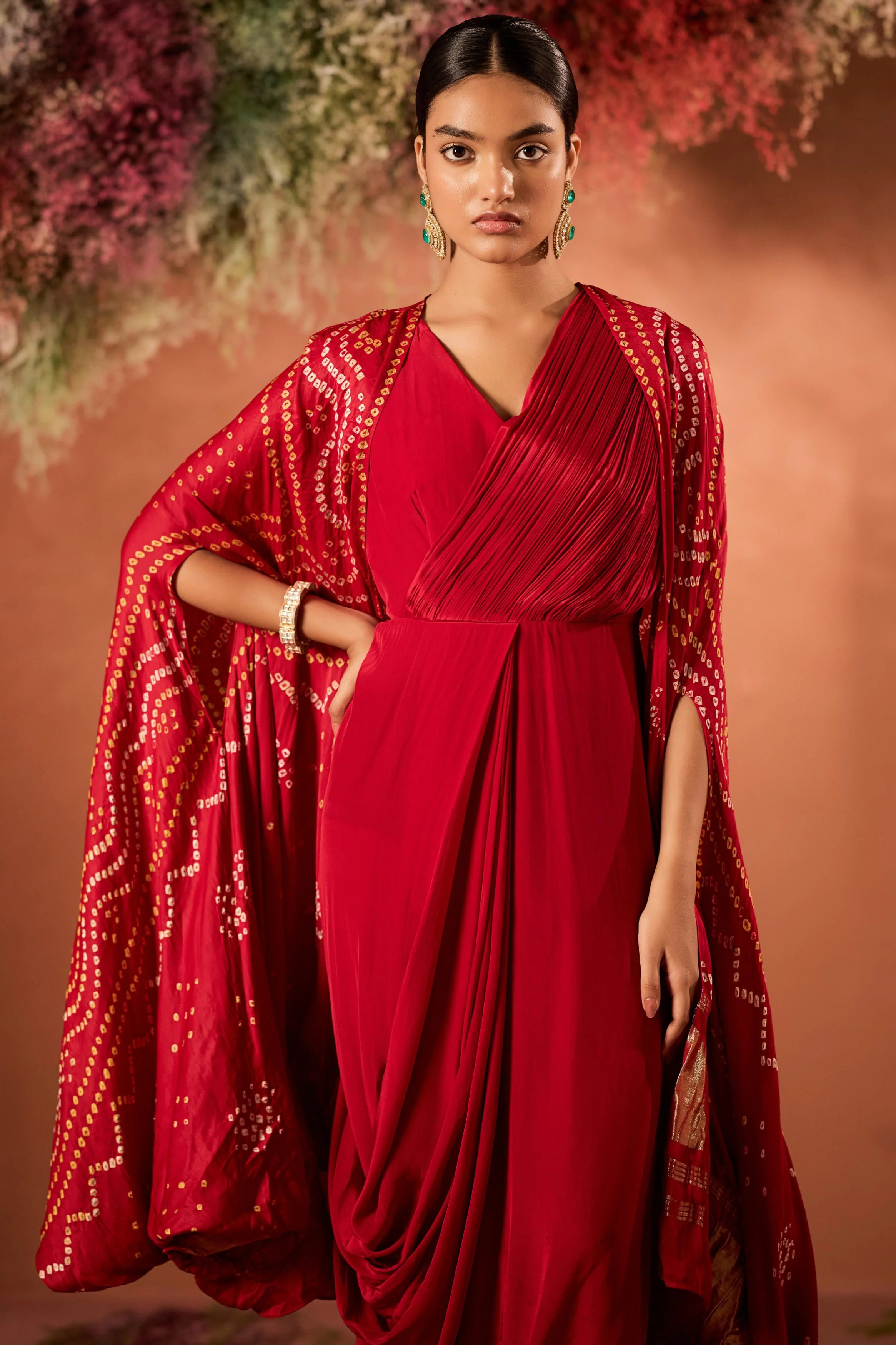 Crimson Red Embellished Satin Silk Draped Gown - Image 3