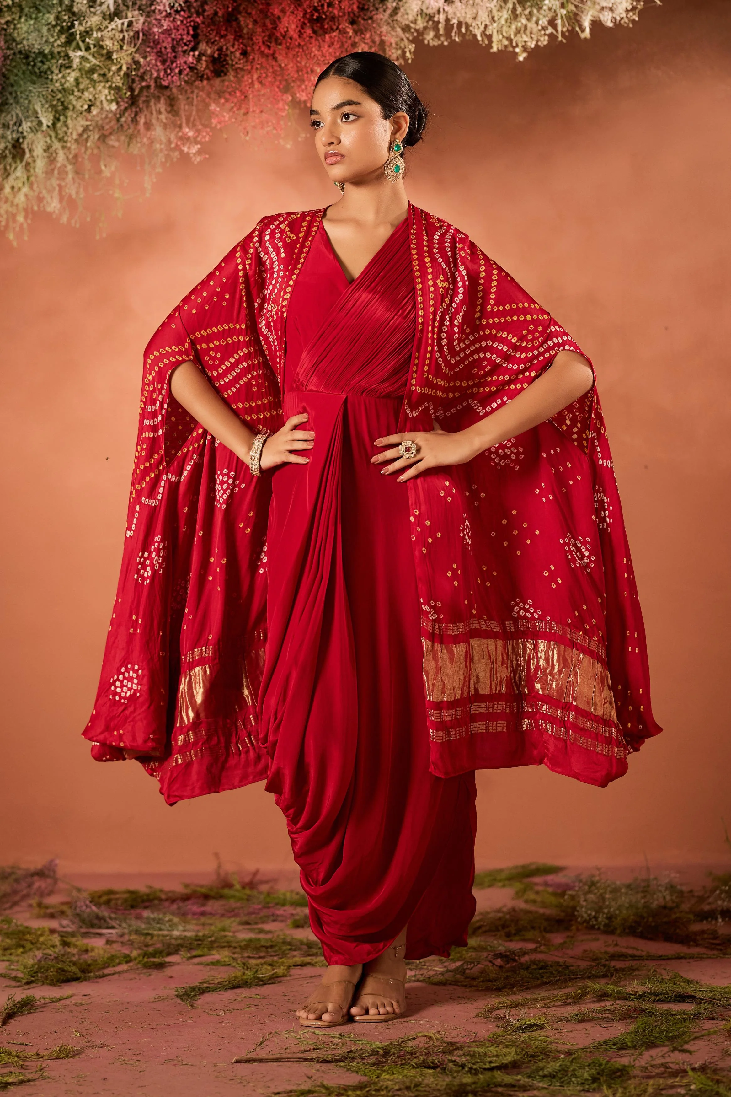 Crimson Red Embellished Satin Silk Draped Gown - Image 4
