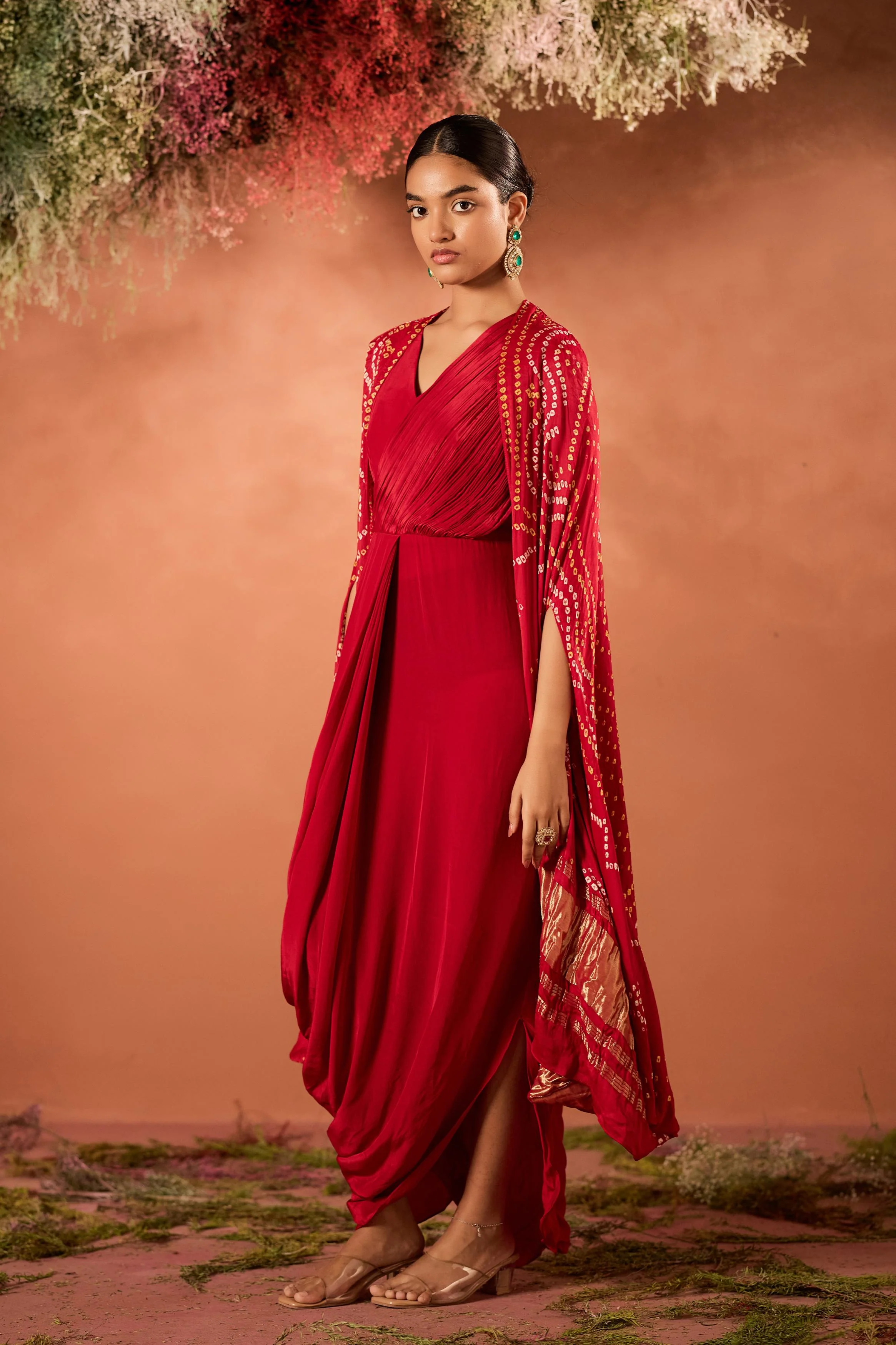 Crimson Red Embellished Satin Silk Draped Gown - Image 5