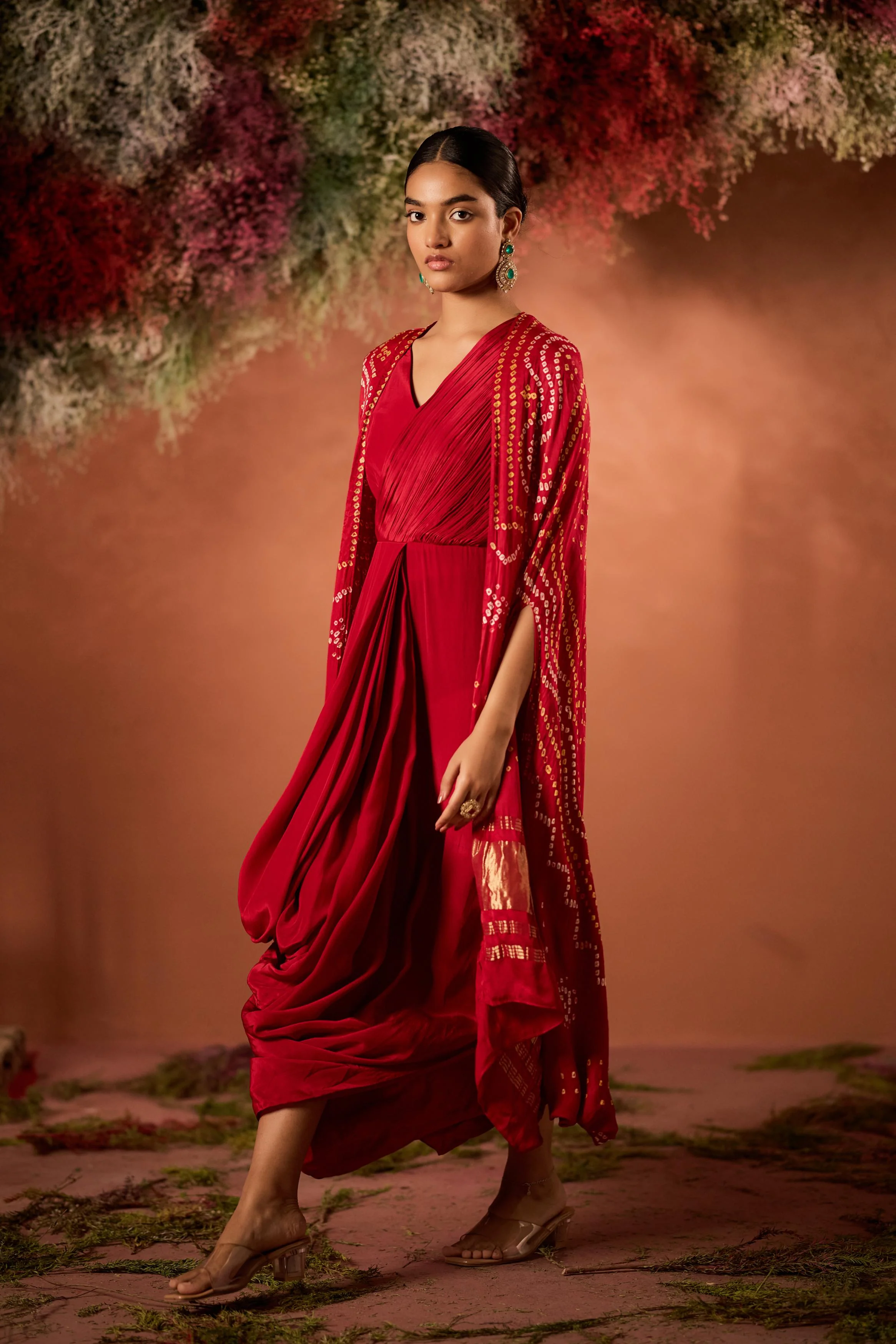 Crimson Red Embellished Satin Silk Draped Gown - Image 6