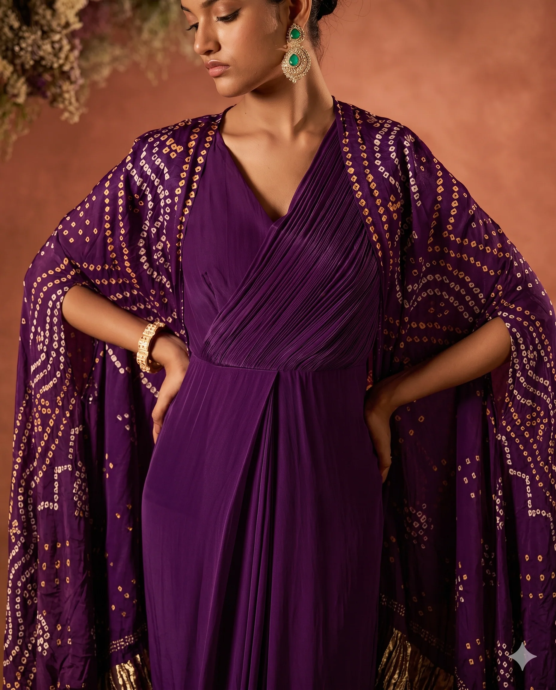 Wine Purple Embellished Satin Silk Draped Gown - Image 2