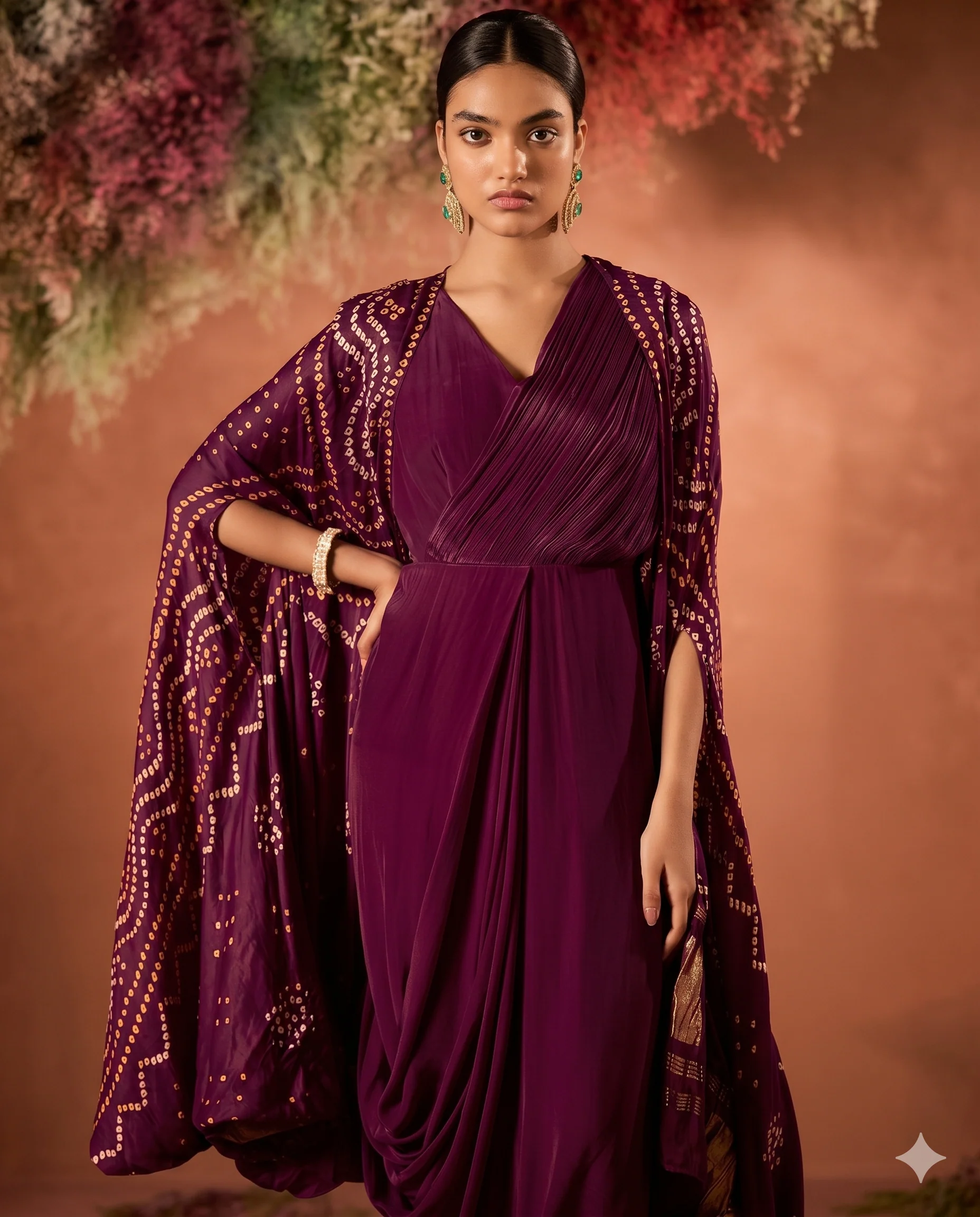 Wine Purple Embellished Satin Silk Draped Gown - Image 3
