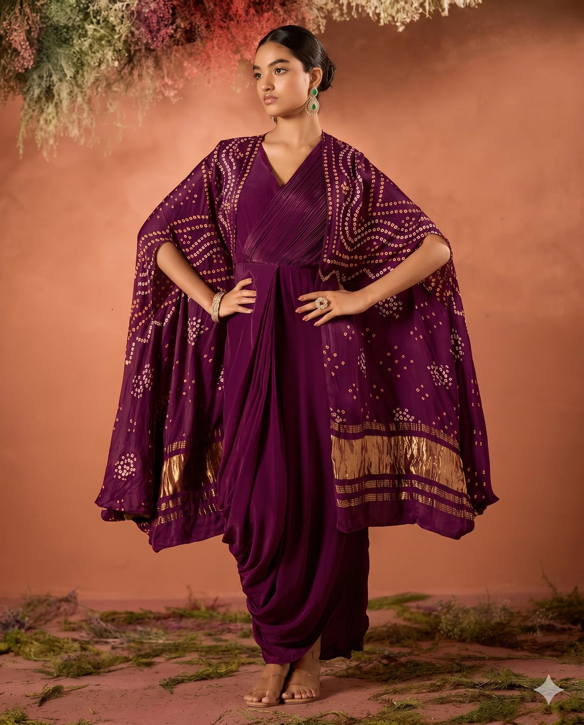 Wine Purple Embellished Satin Silk Draped Gown - Image 4