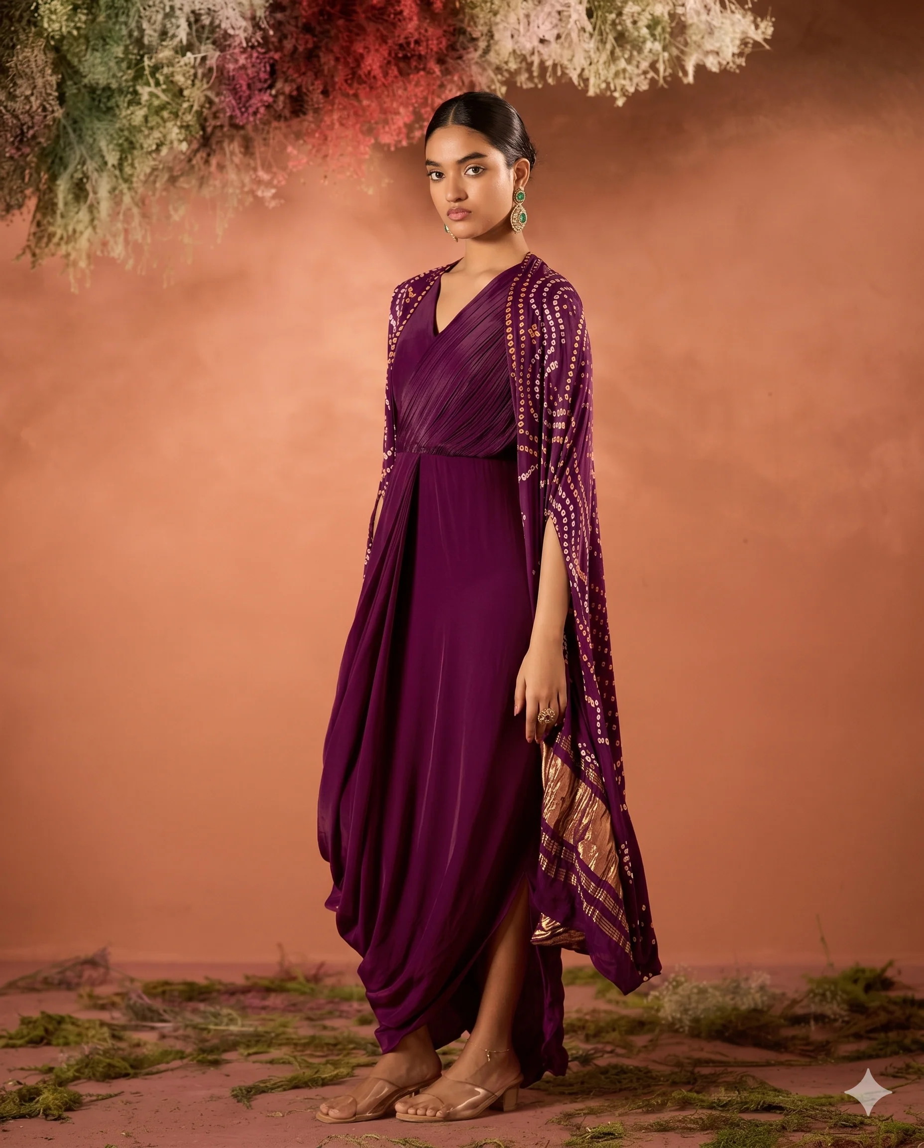 Wine Purple Embellished Satin Silk Draped Gown - Image 5