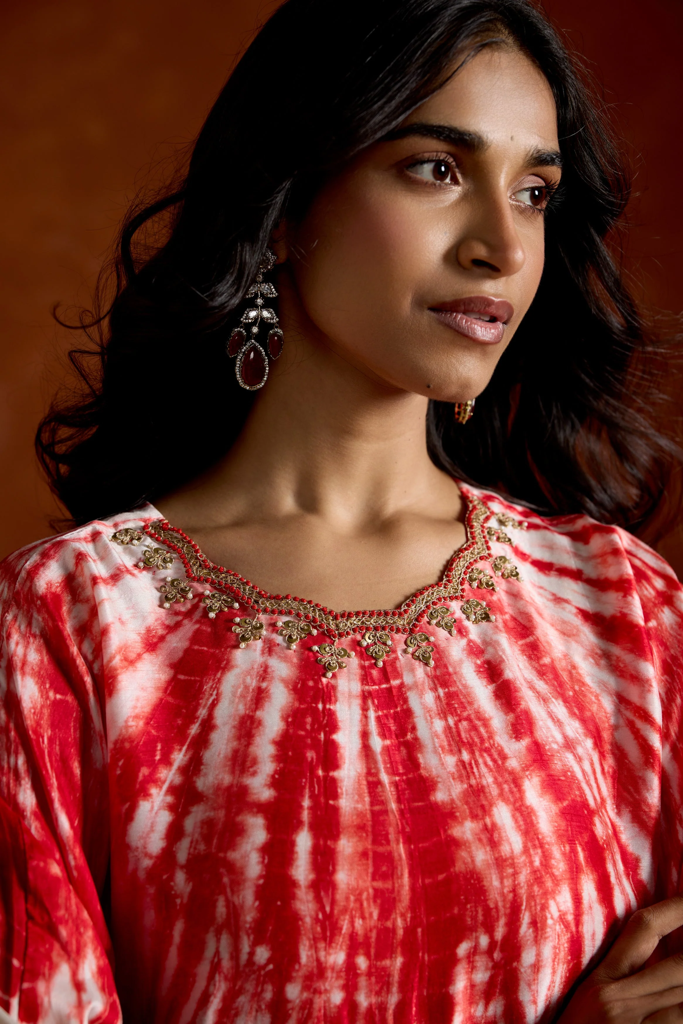 Crimson Red Embellished Raw Silk Kaftan Set - Image 2