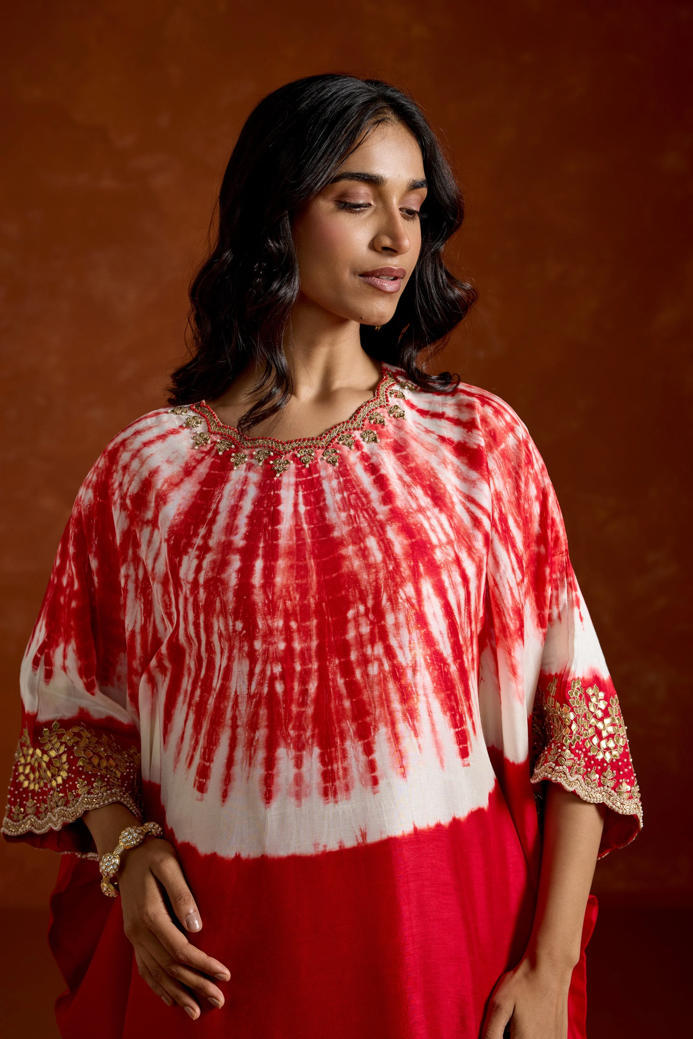 Crimson Red Embellished Raw Silk Kaftan Set - Image 3