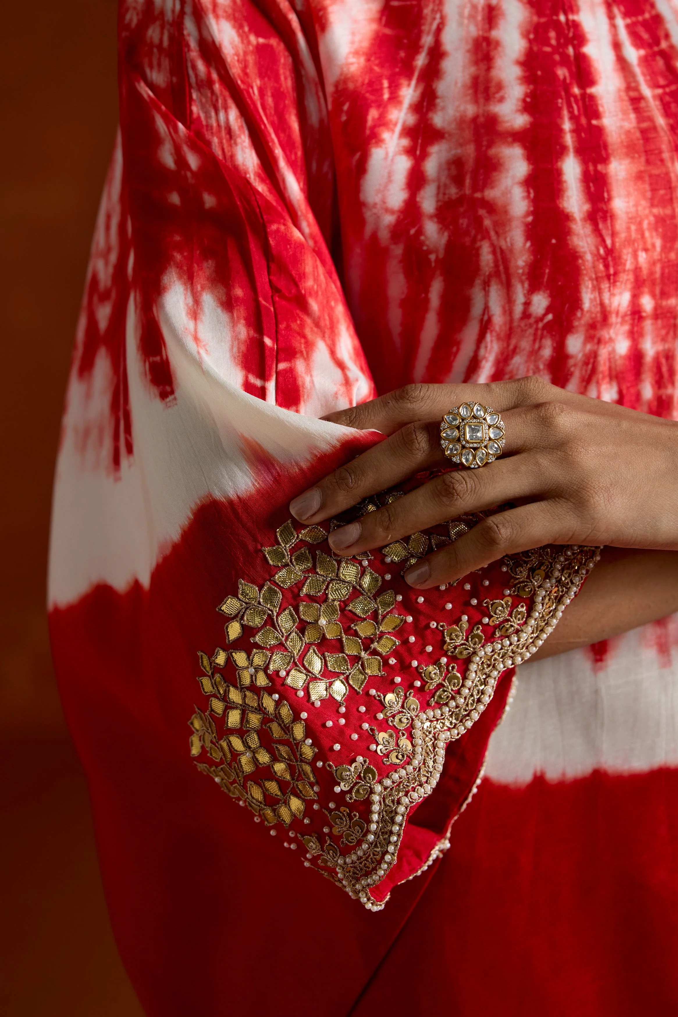 Crimson Red Embellished Raw Silk Kaftan Set - Image 4