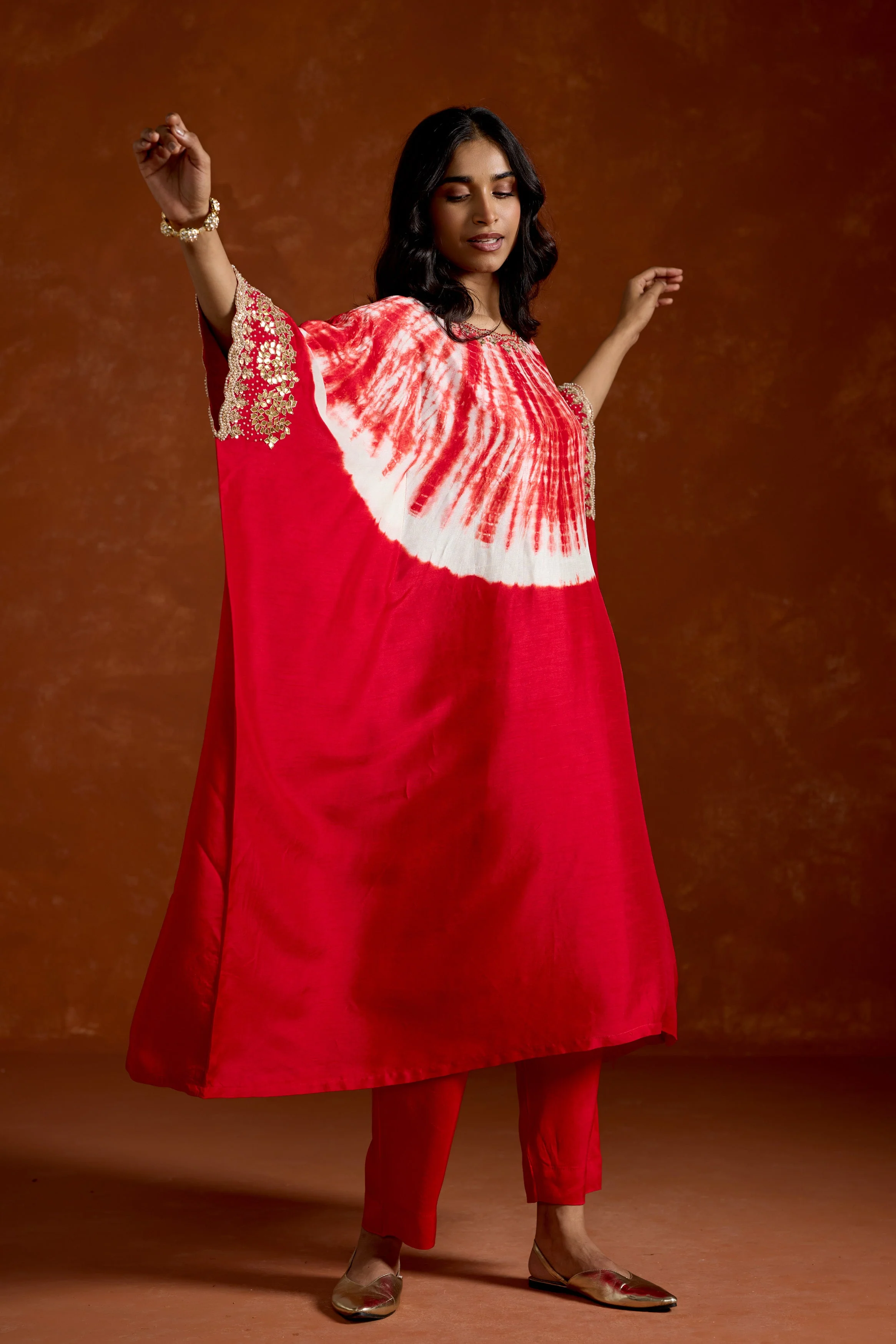 Crimson Red Embellished Raw Silk Kaftan Set - Image 5