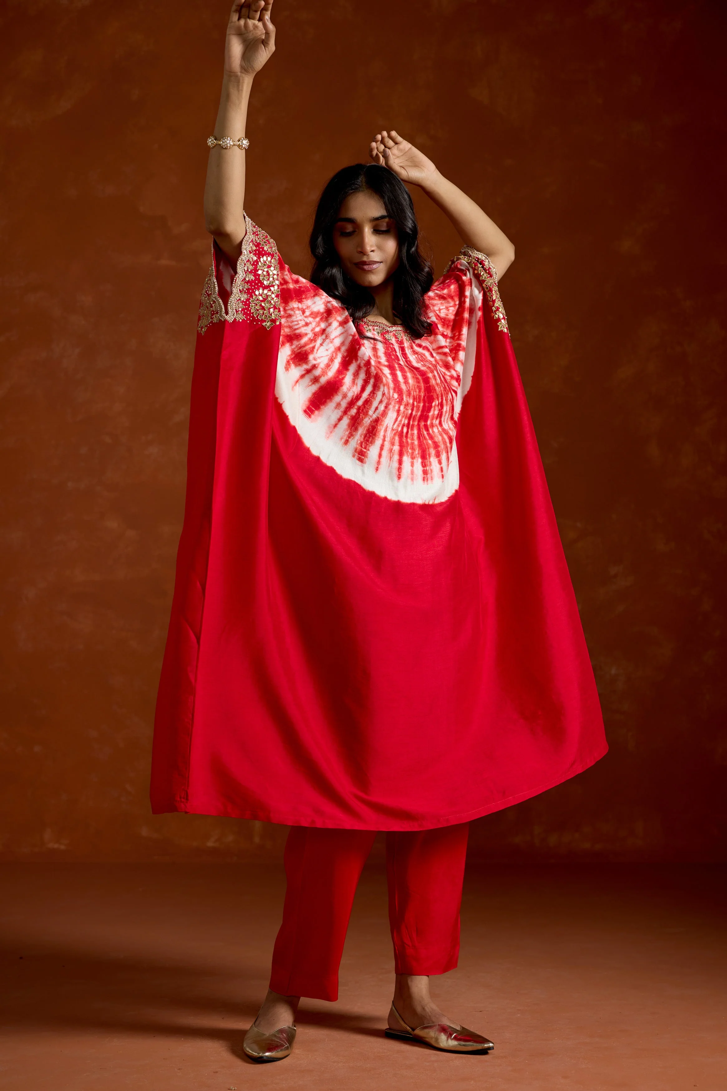 Crimson Red Embellished Raw Silk Kaftan Set - Image 6
