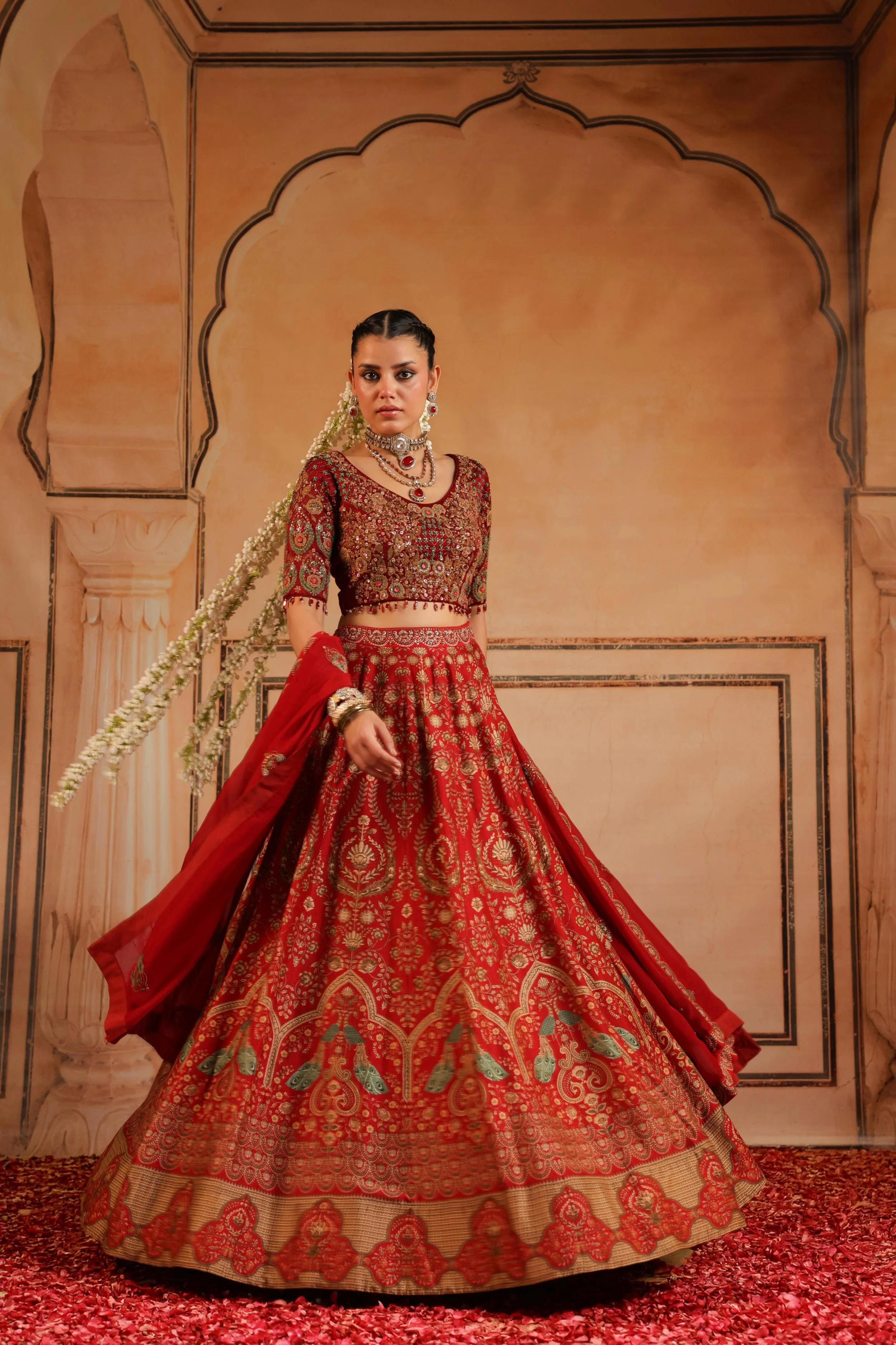 Crimson Red Embellished Silk Lehenga Set - Image 3