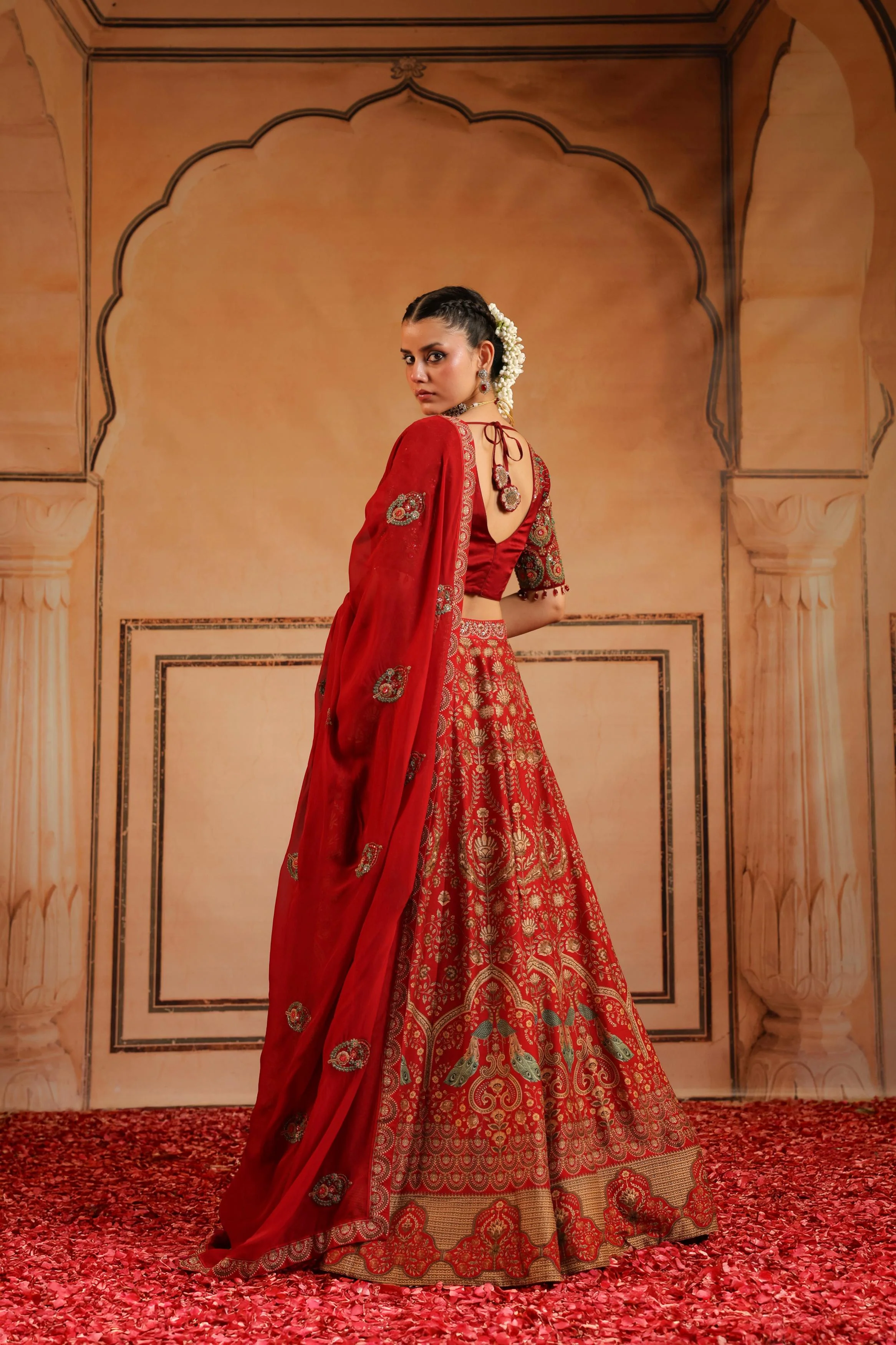 Crimson Red Embellished Silk Lehenga Set - Image 4