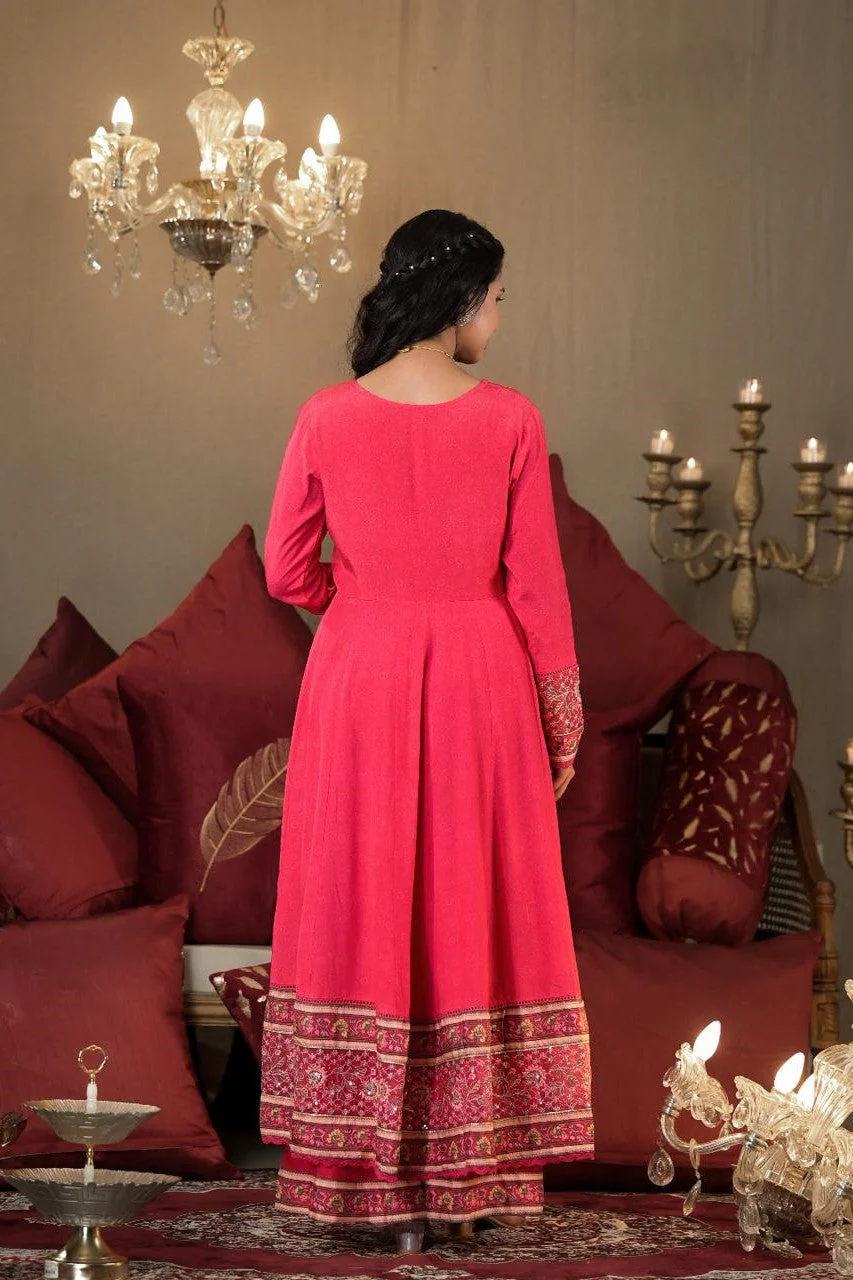 Crimson Red Embellished Spanish Silk Anarkali Set - Image 2