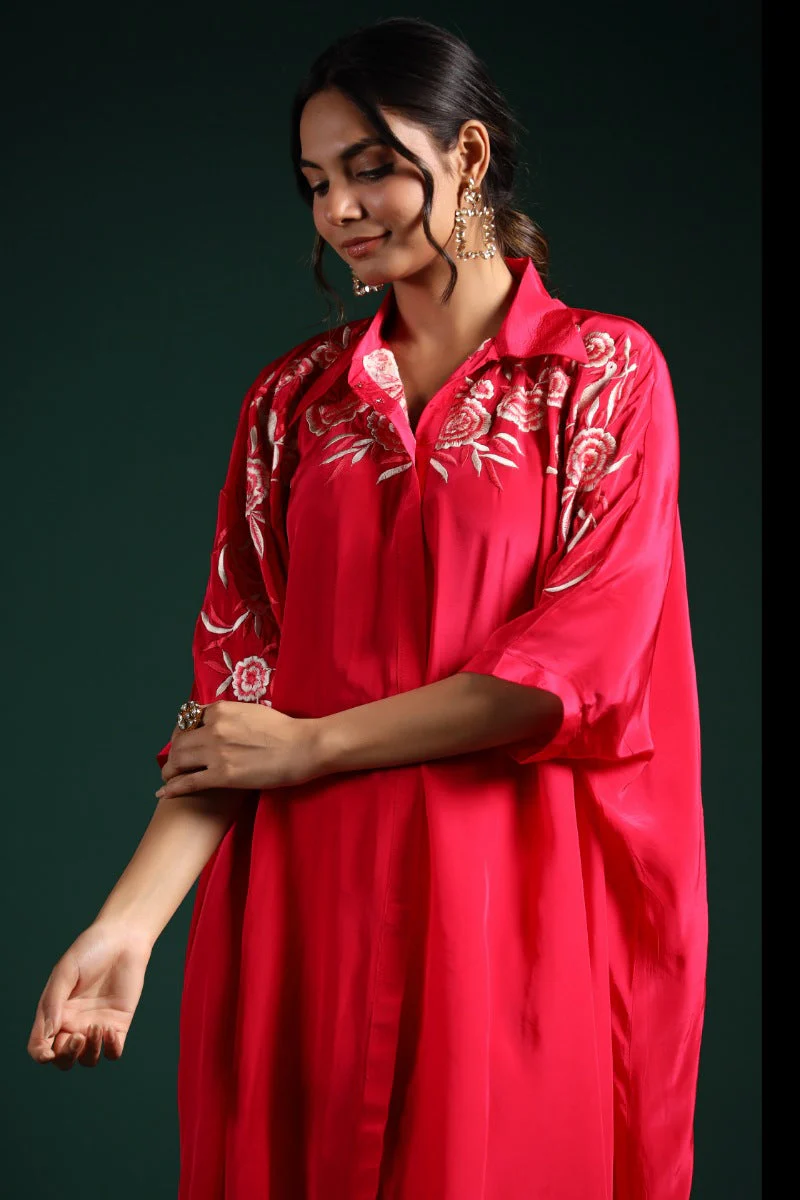 Crimson Red Embroidered Habutai Silk Co-Ord Set - Image 2