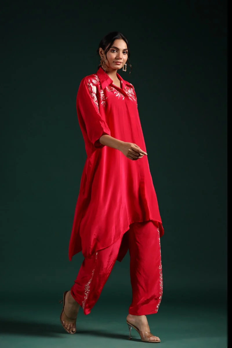 Crimson Red Embroidered Habutai Silk Co-Ord Set - Image 3
