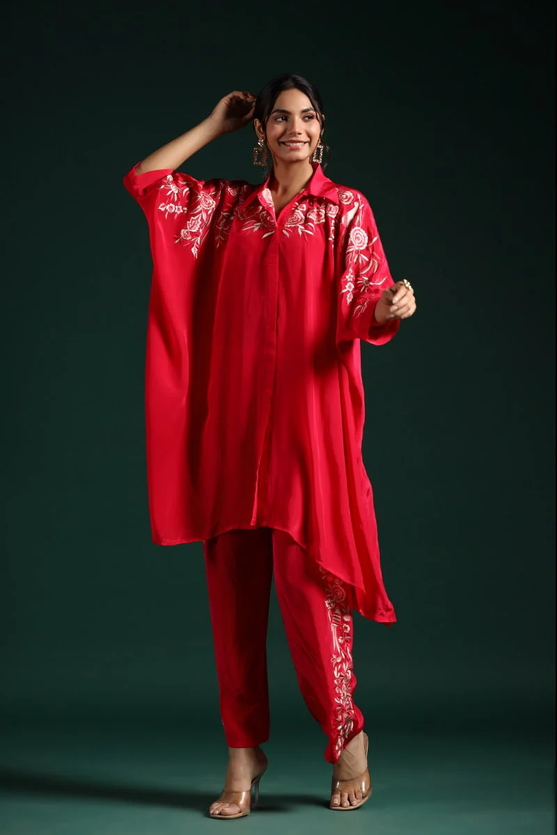 Crimson Red Embroidered Habutai Silk Co-Ord Set - Image 4