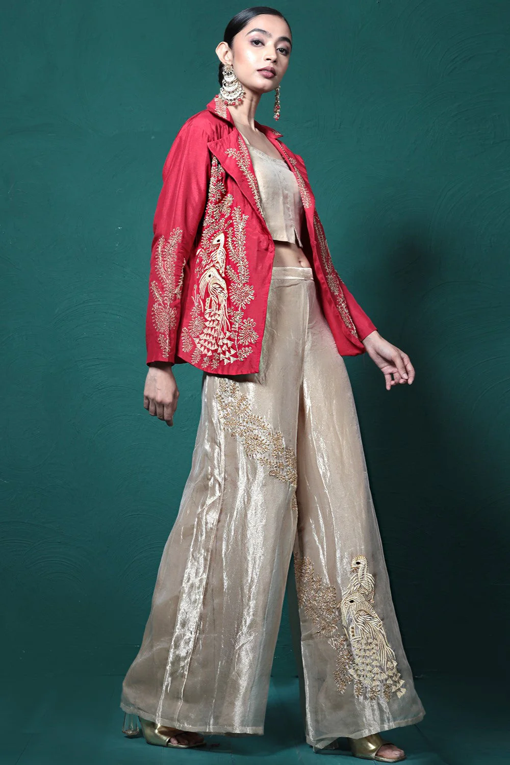 Crimson Red Embroidered Jacket & Palazzo Set - Image 3