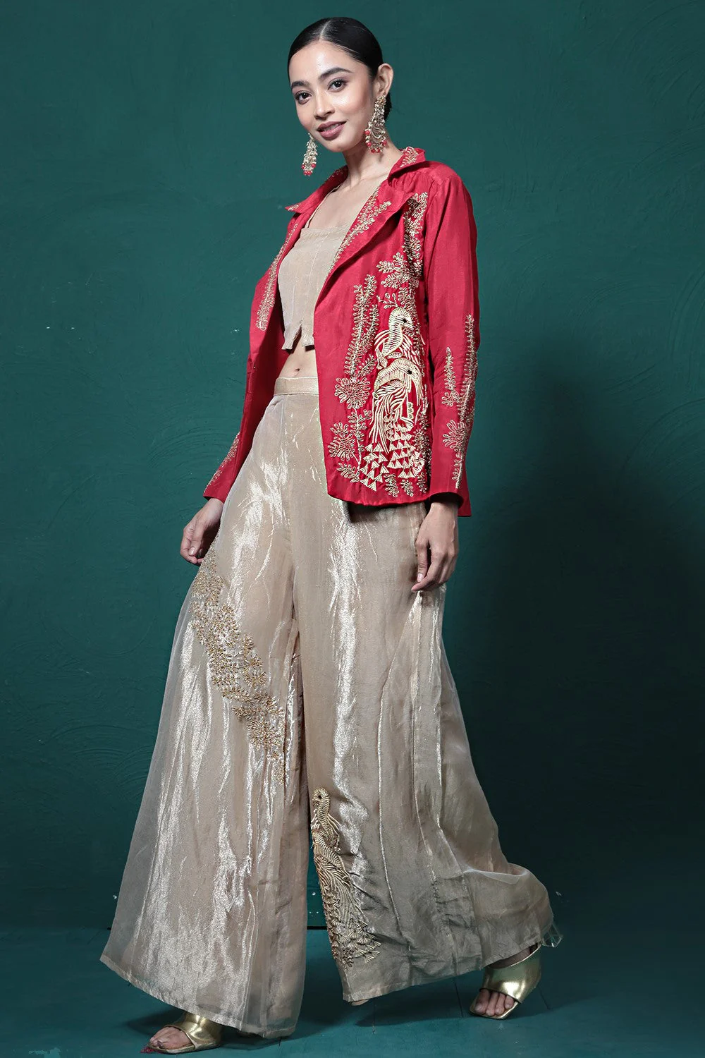 Crimson Red Embroidered Jacket & Palazzo Set - Image 4