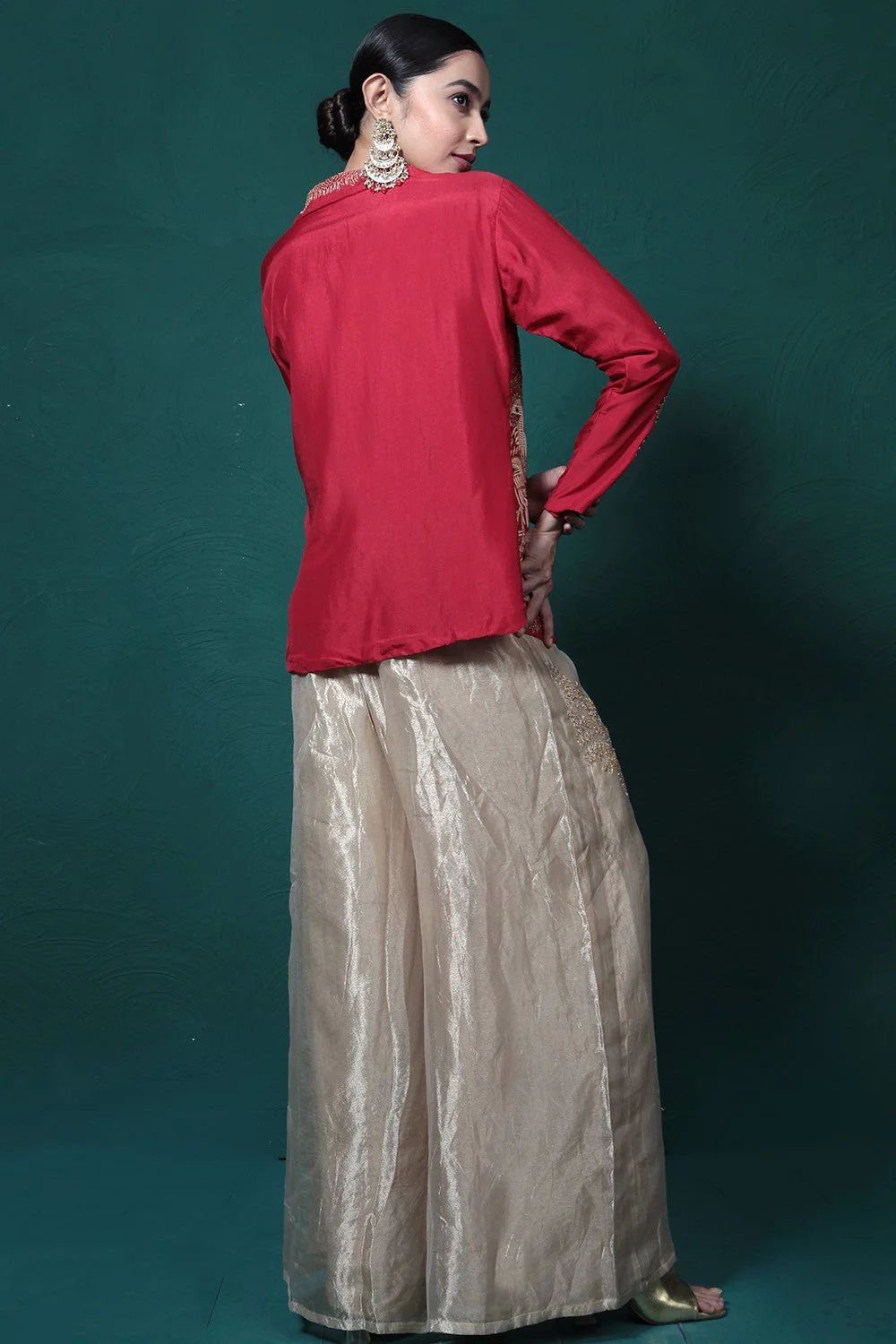 Crimson Red Embroidered Jacket & Palazzo Set - Image 5
